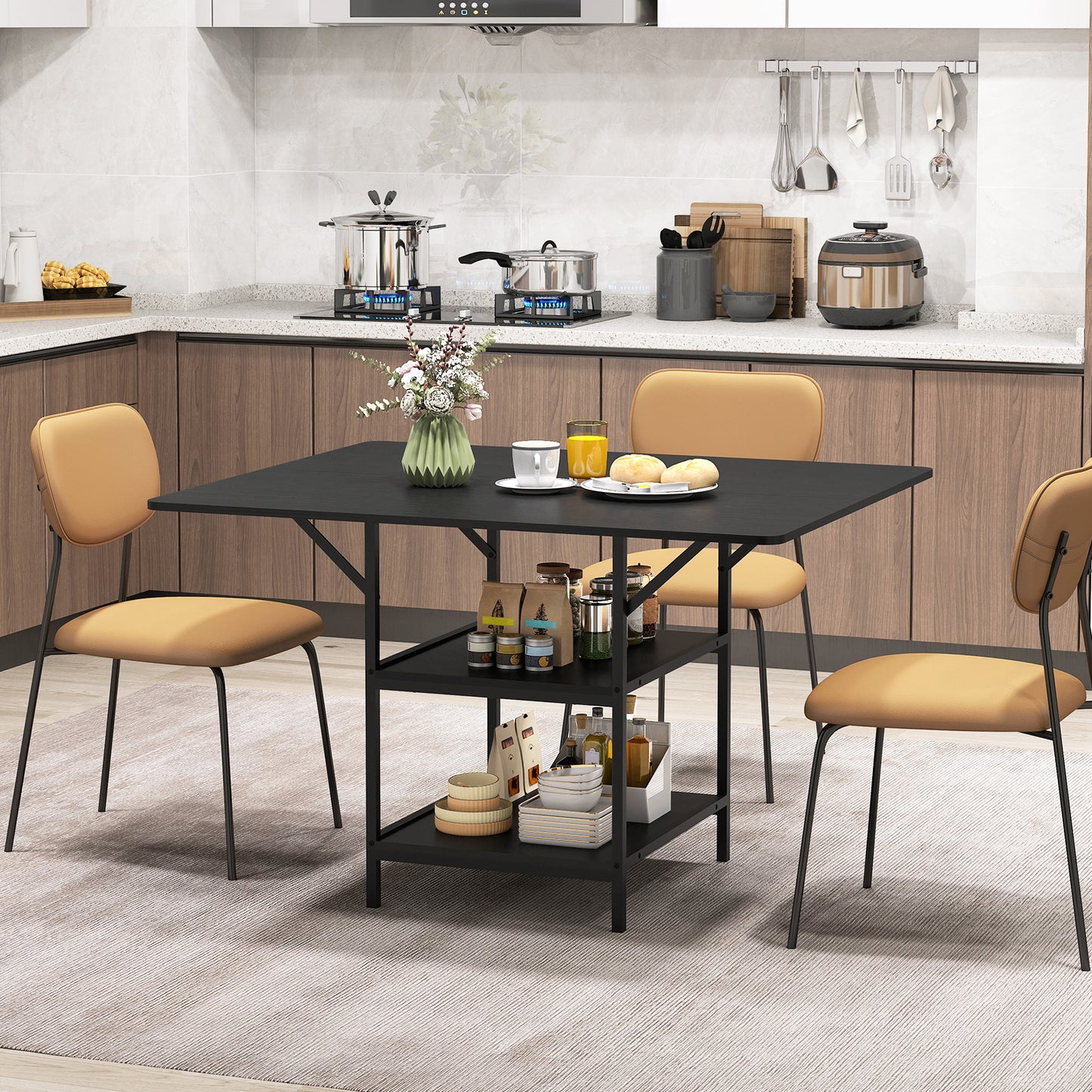 47 Inch Rectangular Dining Table, 2 Storage Shelves, Metal Legs, Black Dining Tables at Gallery Canada
