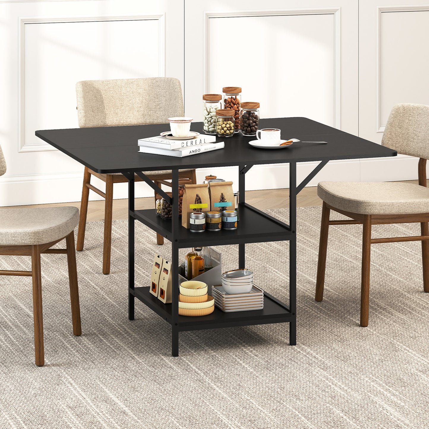 47 Inch Rectangular Dining Table, 2 Storage Shelves, Metal Legs, Black Dining Tables at Gallery Canada