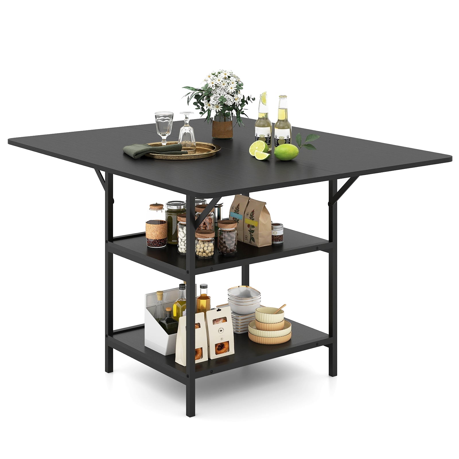 47 Inch Rectangular Dining Table, 2 Storage Shelves, Metal Legs, Black Dining Tables at Gallery Canada
