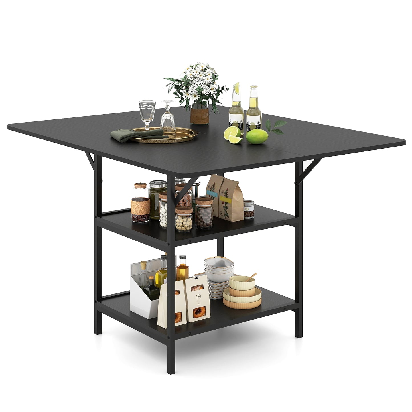 47 Inch Rectangular Dining Table, 2 Storage Shelves, Metal Legs, Black Dining Tables at Gallery Canada