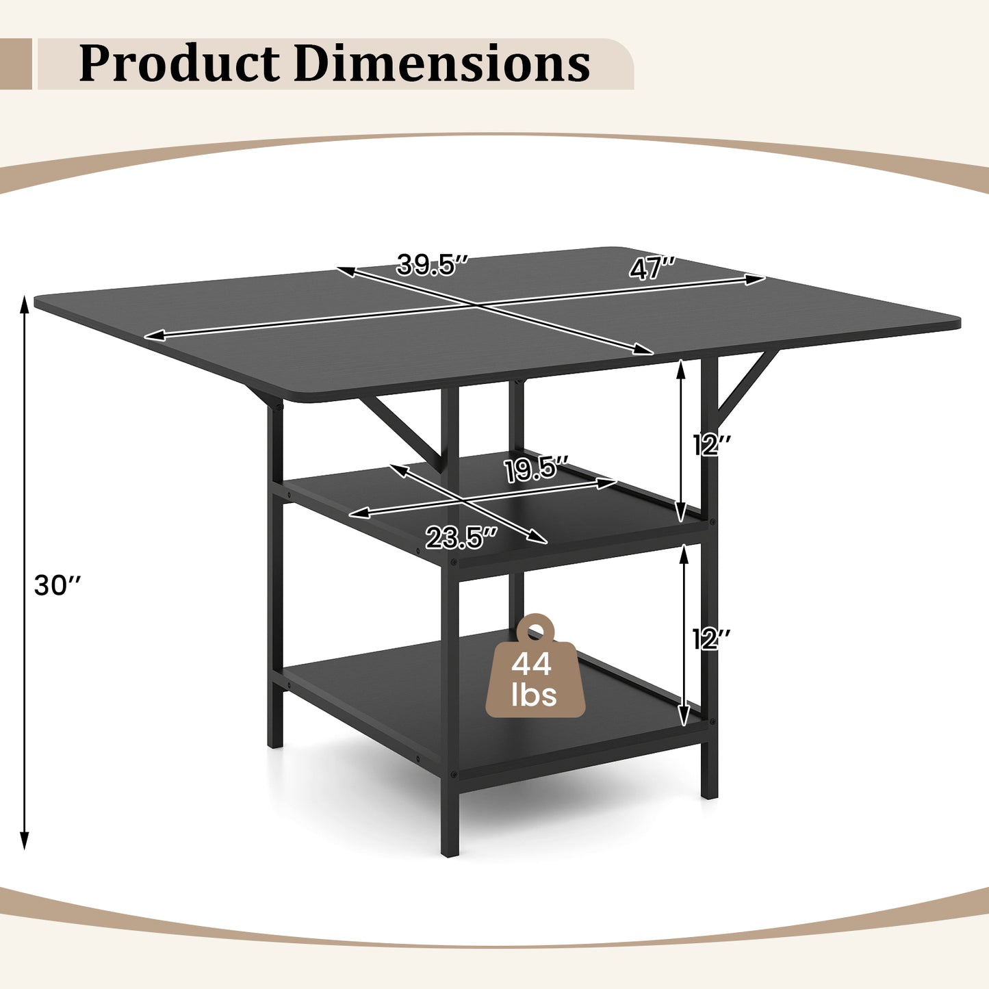 47 Inch Rectangular Dining Table, 2 Storage Shelves, Metal Legs, Black Dining Tables at Gallery Canada