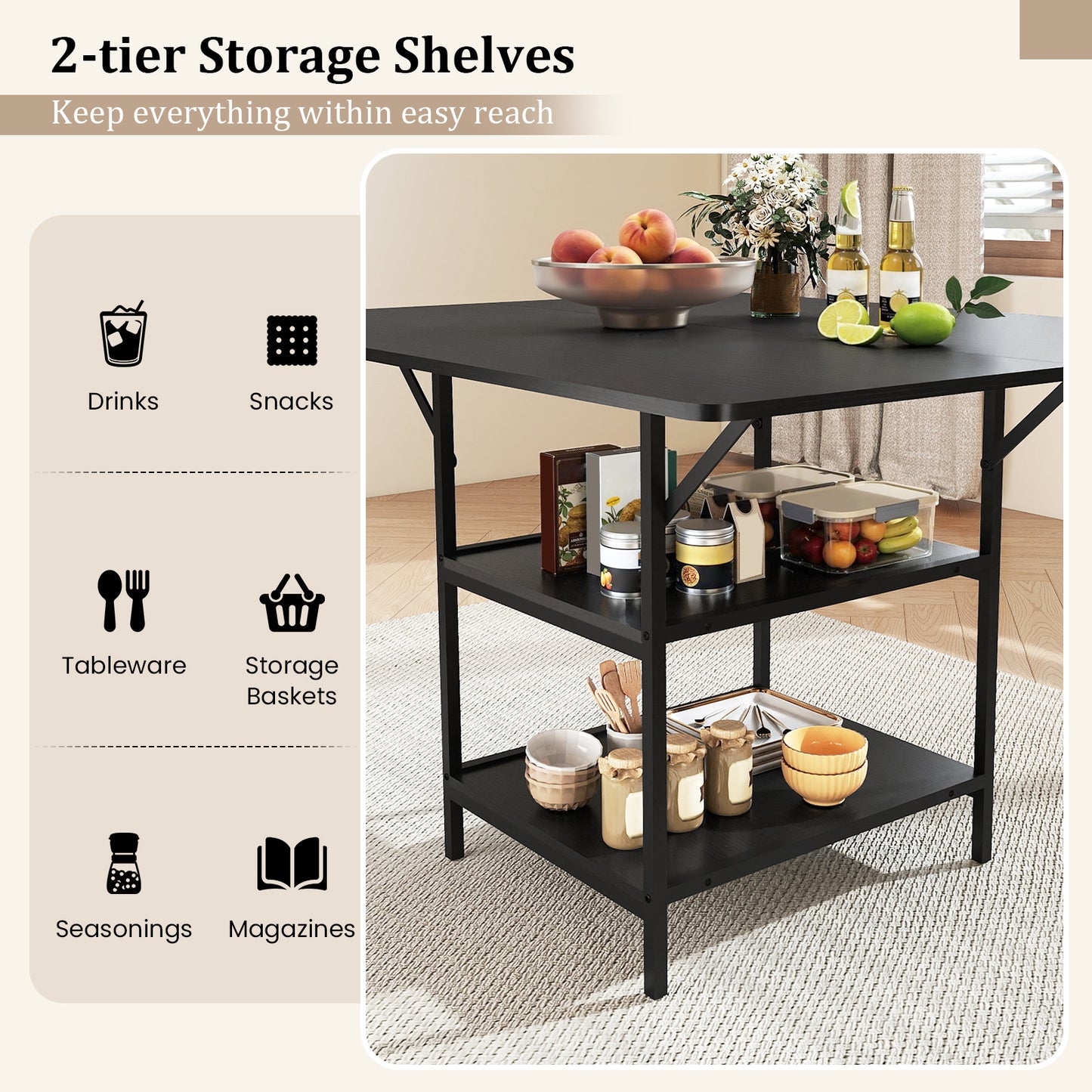 47 Inch Rectangular Dining Table, 2 Storage Shelves, Metal Legs, Black Dining Tables at Gallery Canada