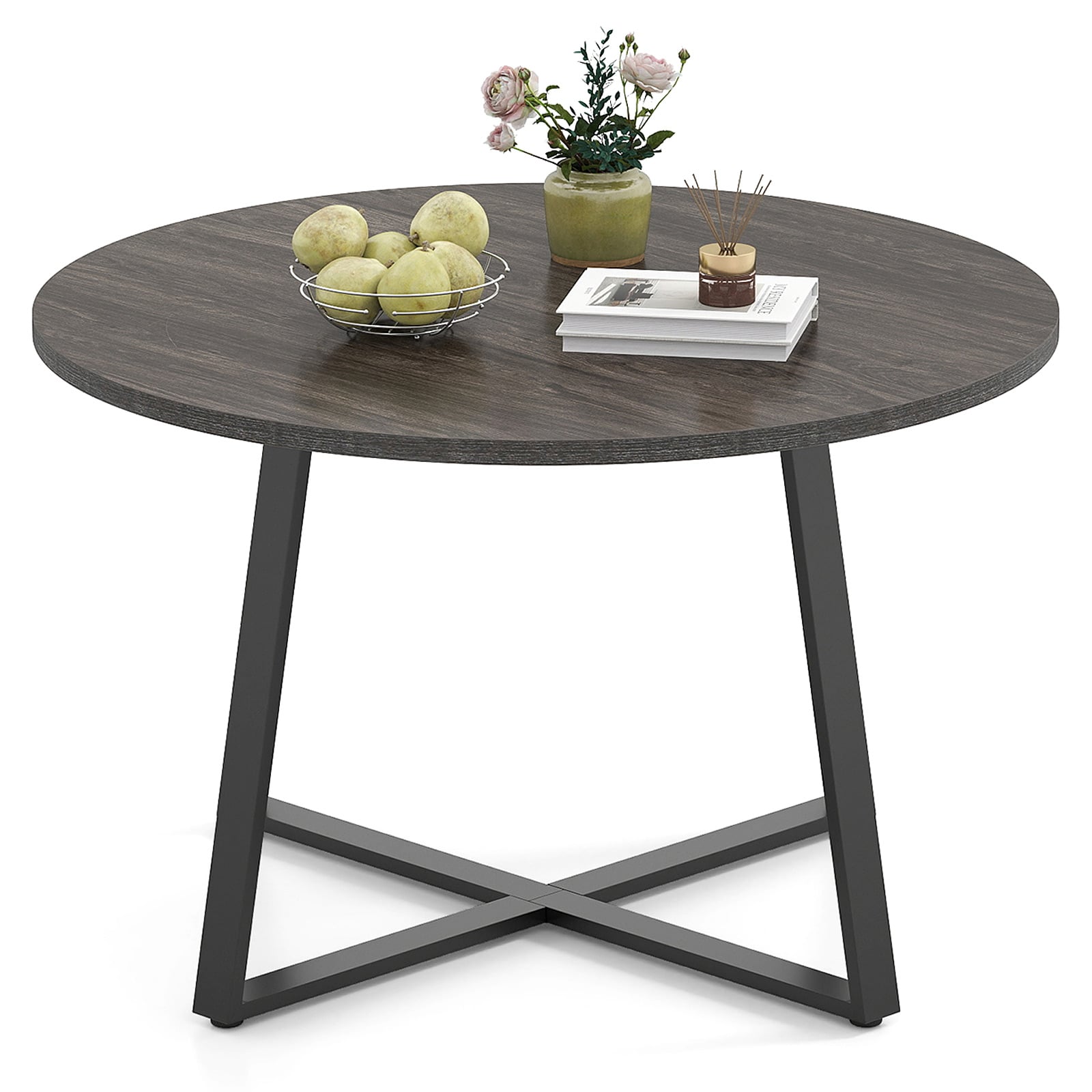 47 Inch Round Dining Table with Stable X-shaped Base and Round Thickened Tabletop-Grey, Gray Dining Tables at Gallery Canada