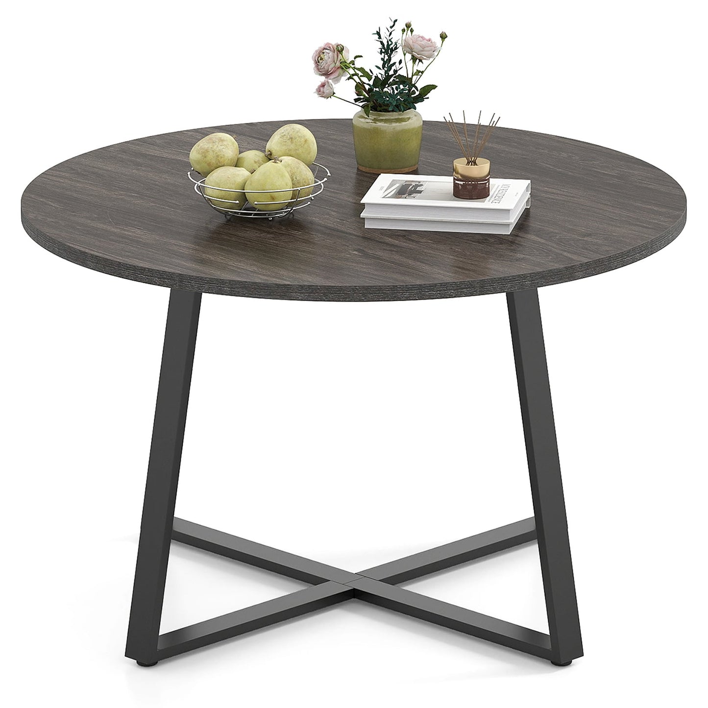 47 Inch Round Dining Table with Stable X-shaped Base and Round Thickened Tabletop-Grey, Gray Dining Tables at Gallery Canada