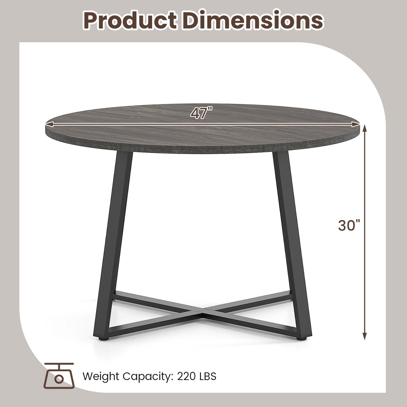 47 Inch Round Dining Table with Stable X-shaped Base and Round Thickened Tabletop-Grey, Gray Dining Tables at Gallery Canada