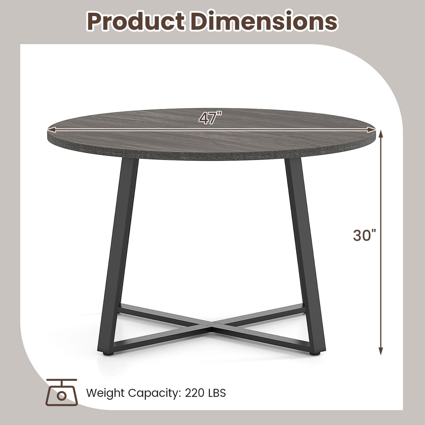 47 Inch Round Dining Table with Stable X-shaped Base and Round Thickened Tabletop-Grey, Gray Dining Tables at Gallery Canada