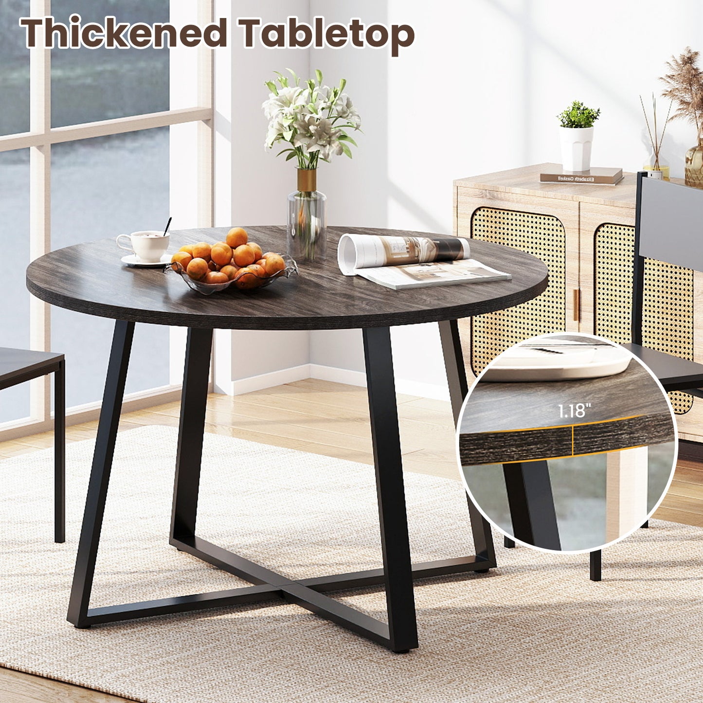 47 Inch Round Dining Table with Stable X-shaped Base and Round Thickened Tabletop-Grey, Gray Dining Tables at Gallery Canada