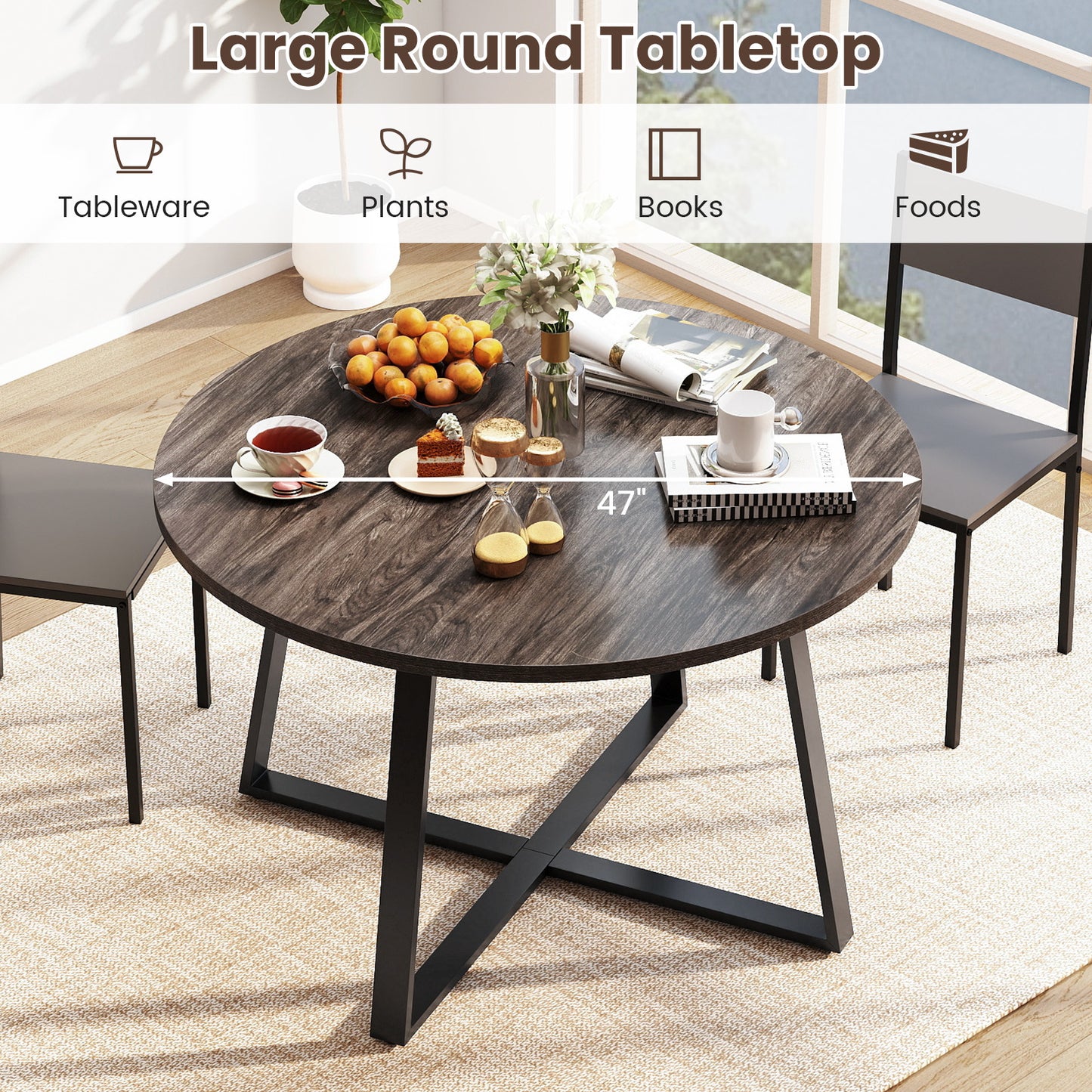 47 Inch Round Dining Table with Stable X-shaped Base and Round Thickened Tabletop-Grey, Gray Dining Tables at Gallery Canada