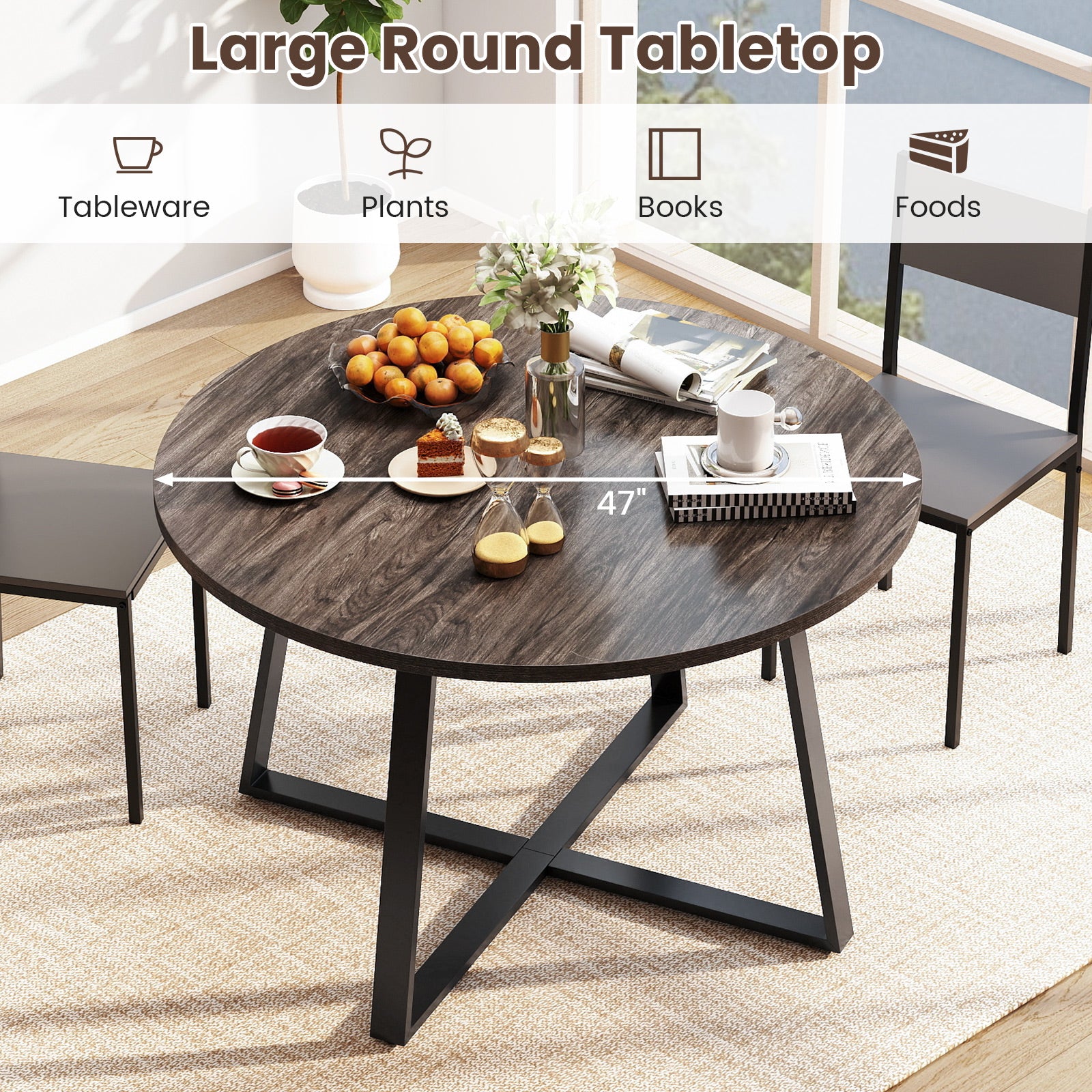 47 Inch Round Dining Table with Stable X-shaped Base and Round Thickened Tabletop-Grey, Gray Dining Tables at Gallery Canada