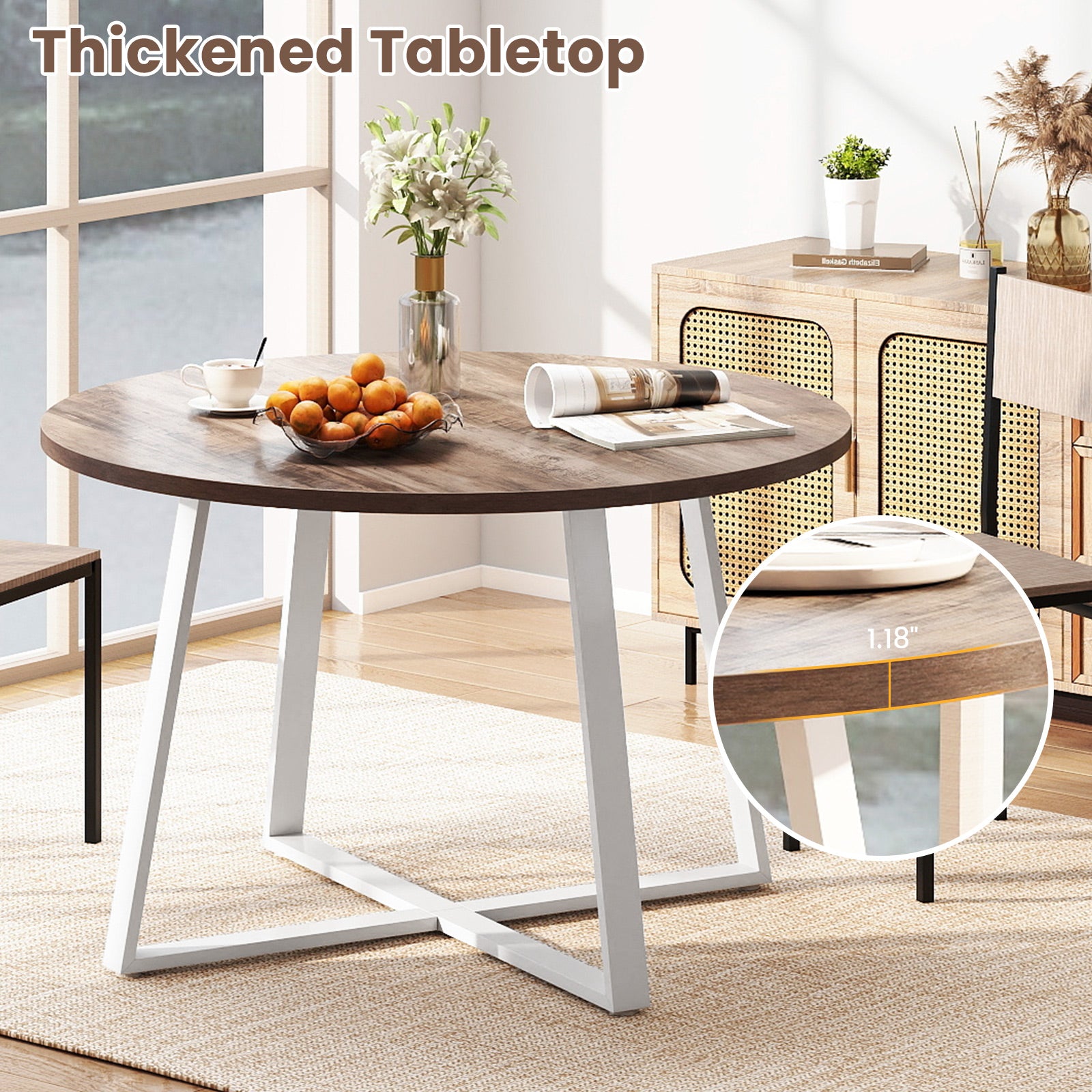 47 Inch Round Dining Table with Stable X-shaped Base and Round Thickened Tabletop, Natural Dining Tables at Gallery Canada