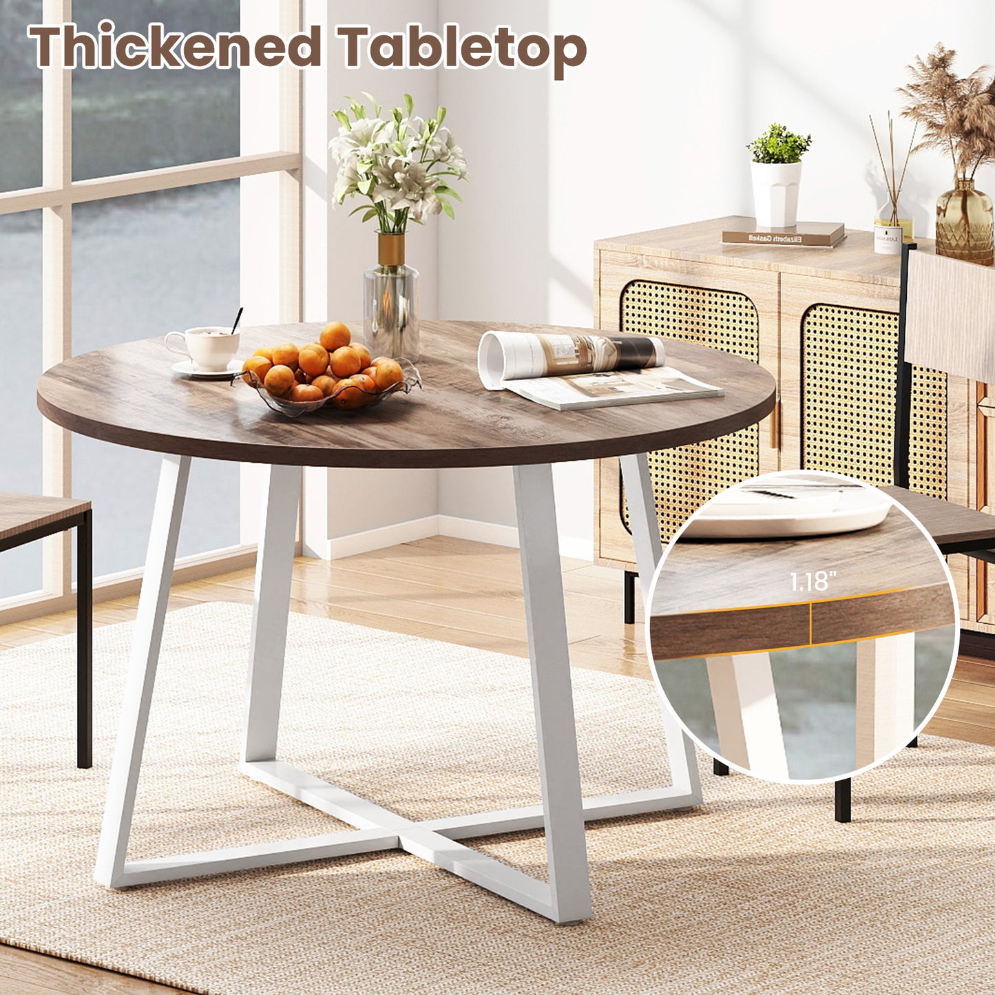 47 Inch Round Dining Table with Stable X-shaped Base and Round Thickened Tabletop, Natural Dining Tables at Gallery Canada