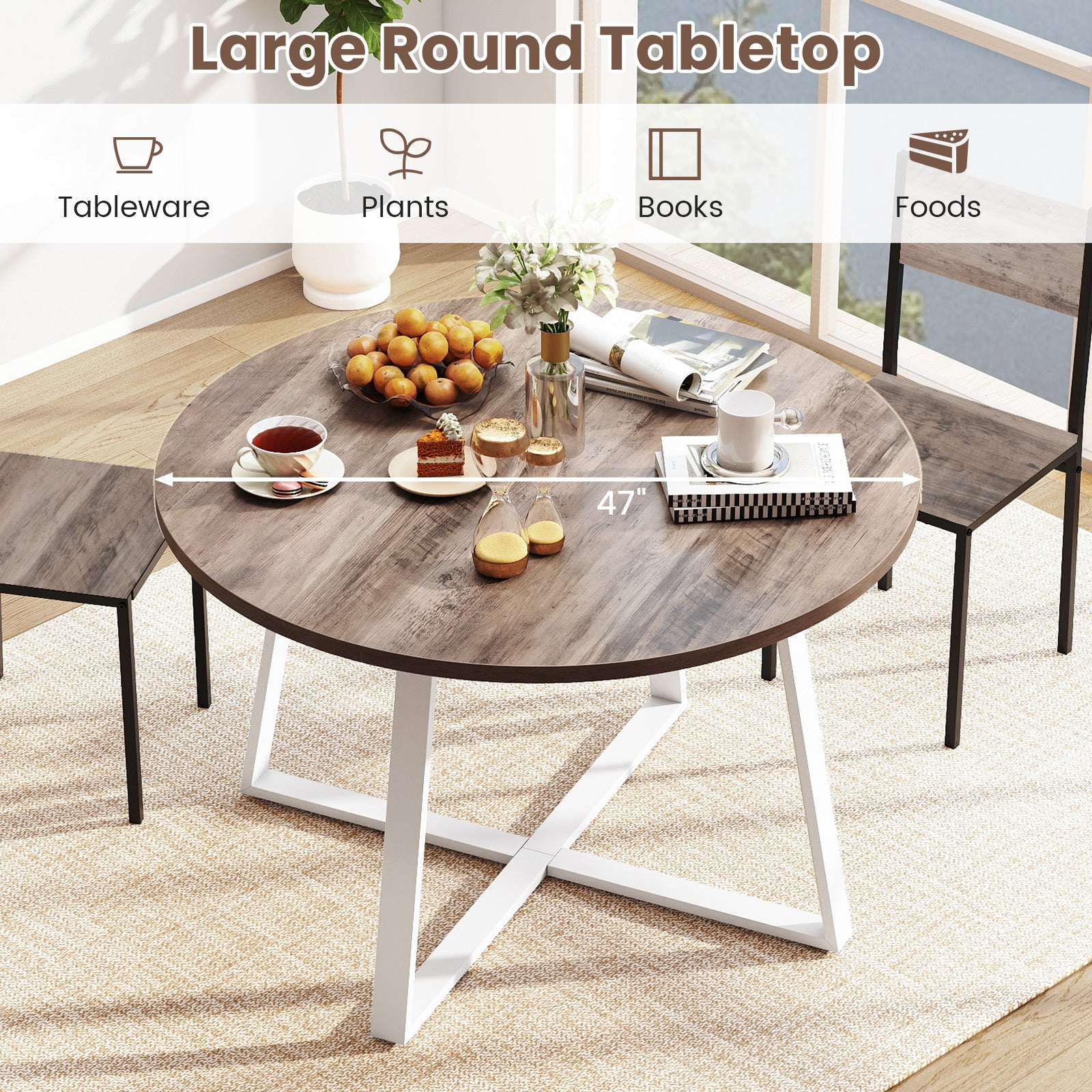 47 Inch Round Dining Table with Stable X-shaped Base and Round Thickened Tabletop, Natural Dining Tables at Gallery Canada