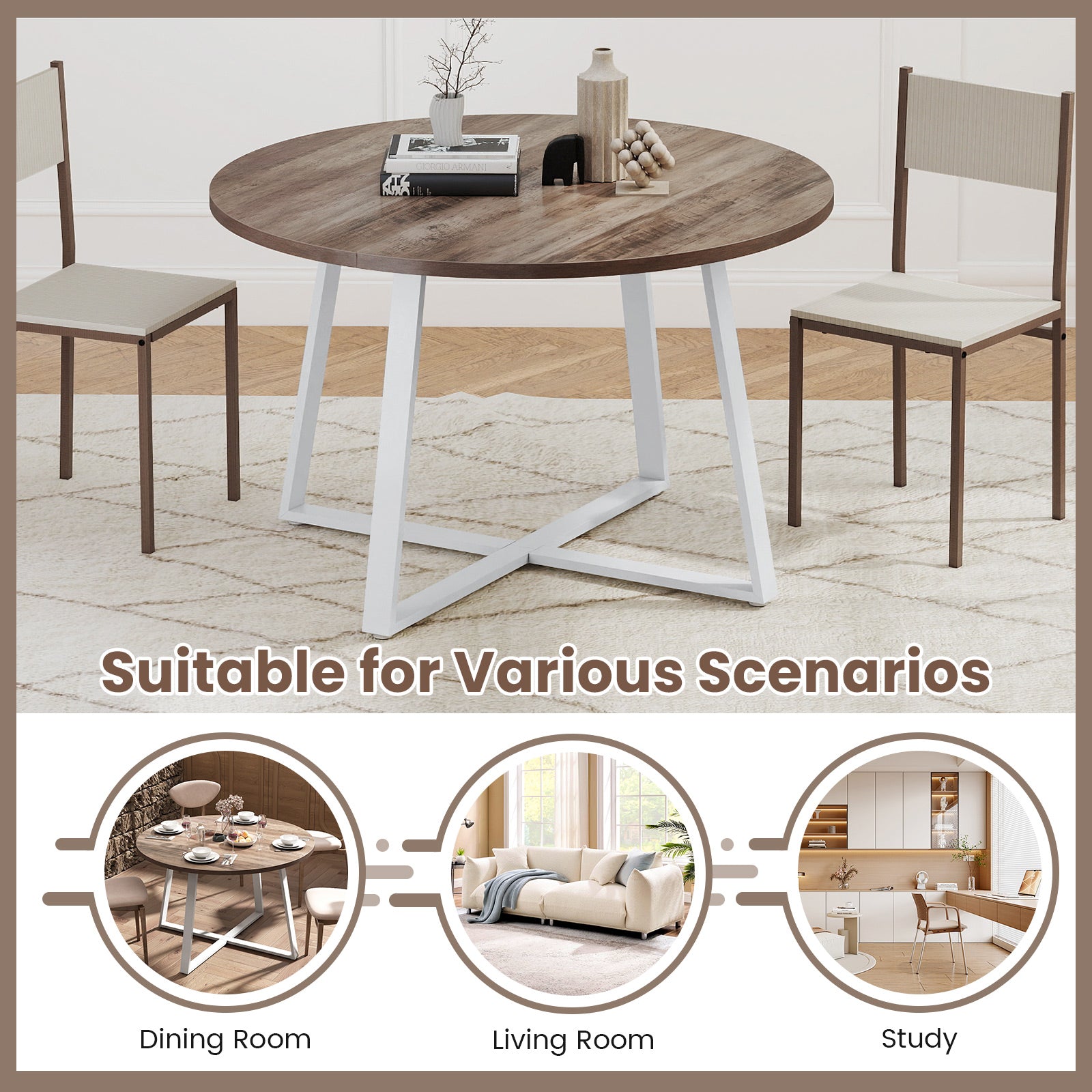 47 Inch Round Dining Table with Stable X-shaped Base and Round Thickened Tabletop, Natural Dining Tables at Gallery Canada