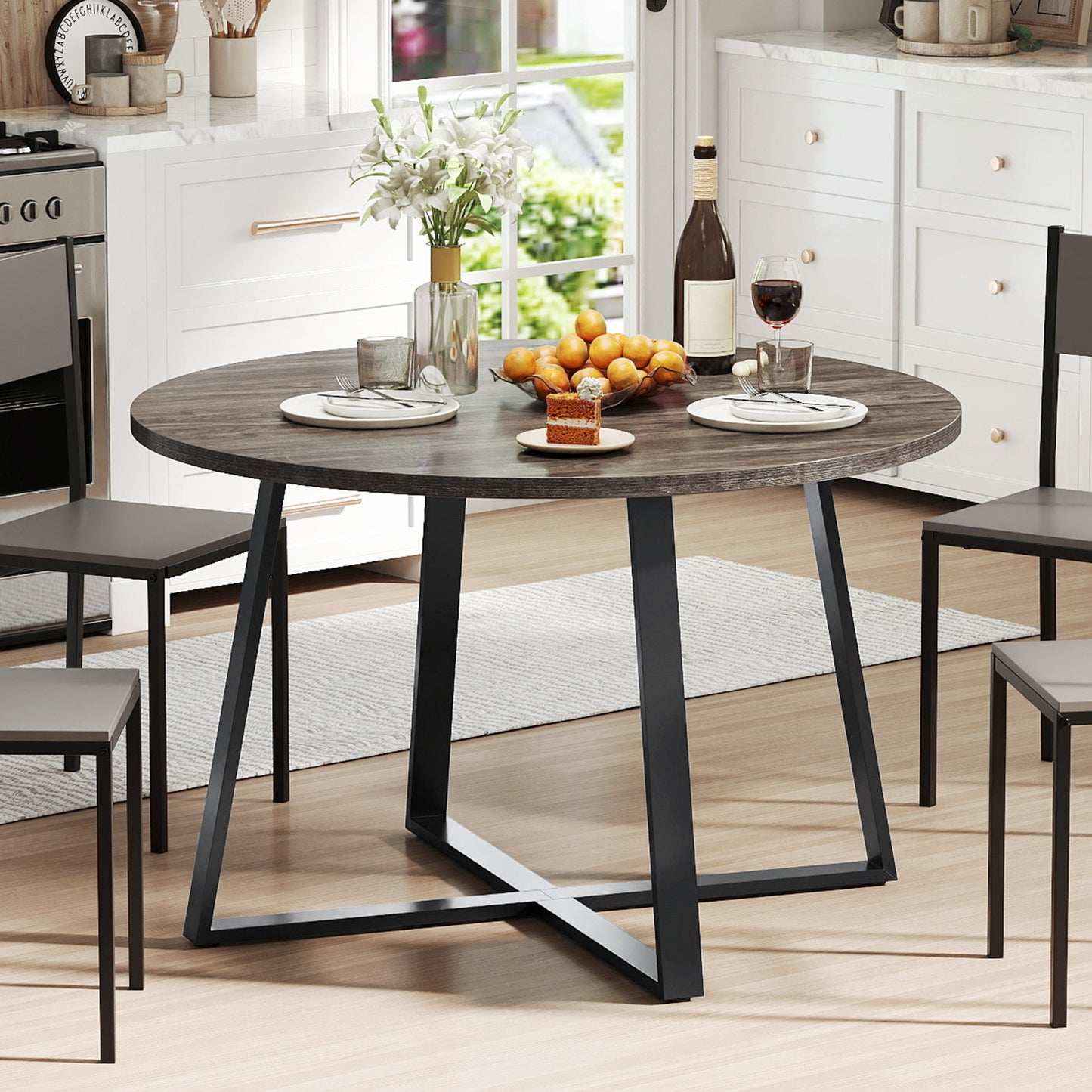 47 Inch Round Dining Table with Stable X-shaped Base and Round Thickened Tabletop-Grey, Gray Dining Tables at Gallery Canada