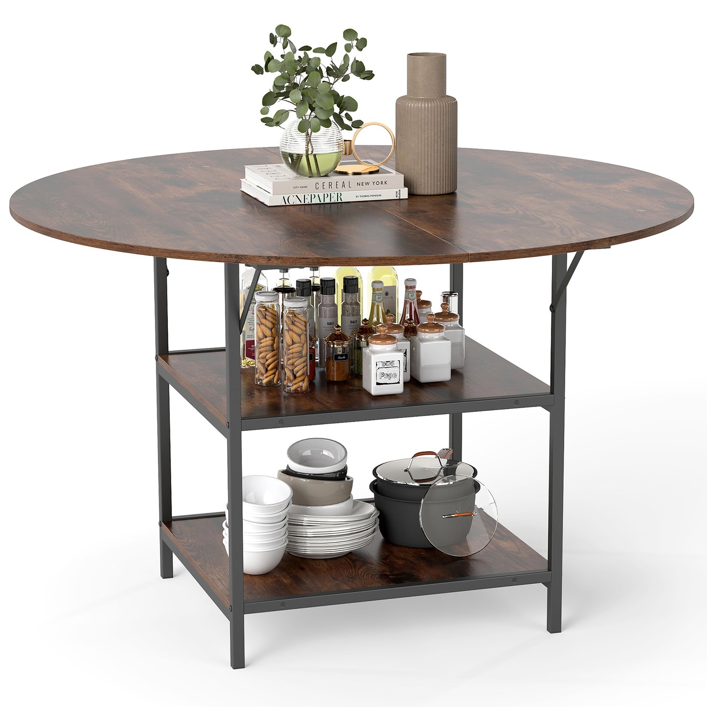 47 Inch Round Dining Table for 4-6 People Large Kitchen Table with 2-Tier Storage Shelves, Rustic Brown Dining Tables Rustic Brown at Gallery Canada