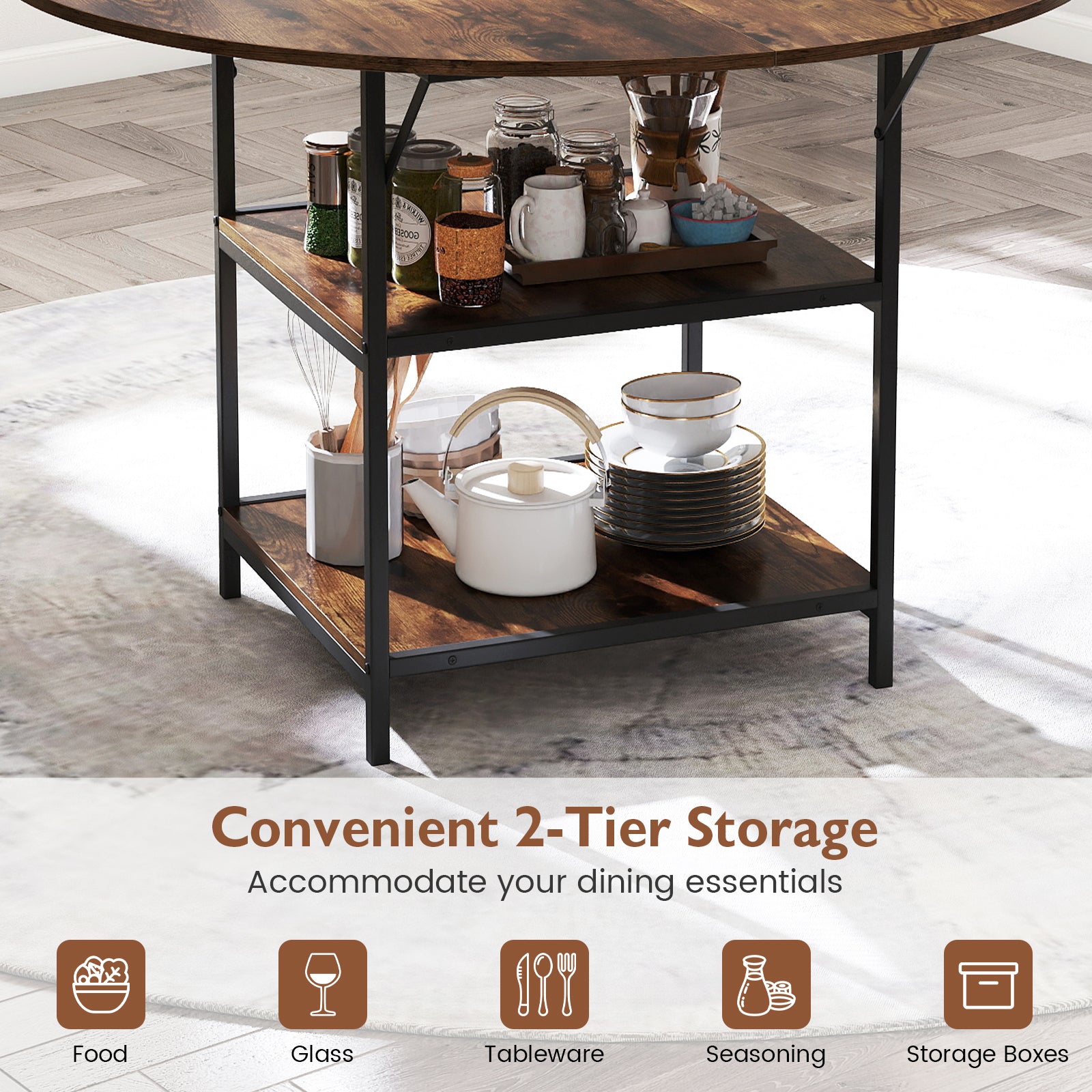 47 Inch Round Dining Table for 4-6 People Large Kitchen Table with 2-Tier Storage Shelves, Rustic Brown Dining Tables at Gallery Canada
