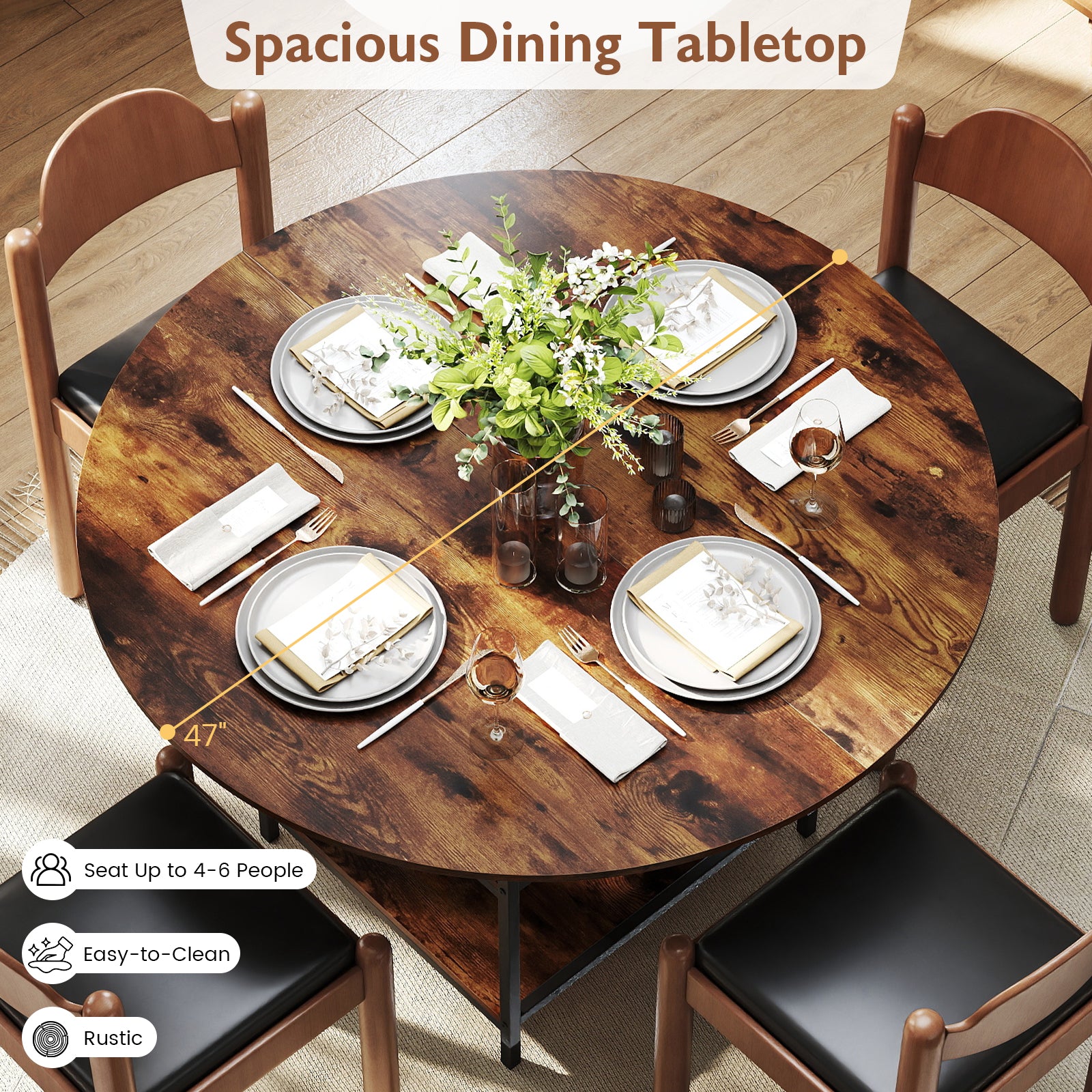 47 Inch Round Dining Table for 4-6 People Large Kitchen Table with 2-Tier Storage Shelves, Rustic Brown Dining Tables at Gallery Canada