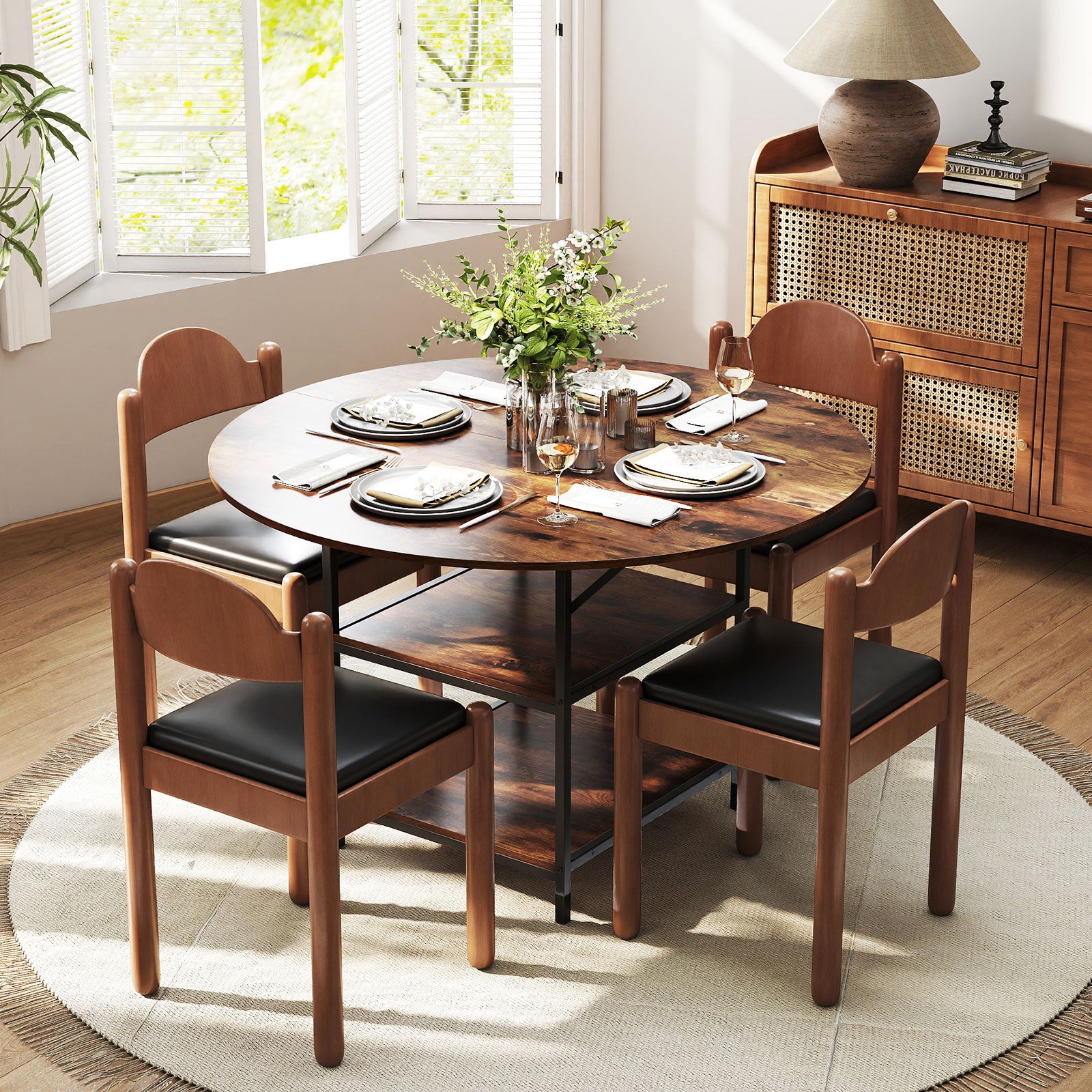 47 Inch Round Dining Table for 4-6 People Large Kitchen Table with 2-Tier Storage Shelves, Rustic Brown Dining Tables at Gallery Canada