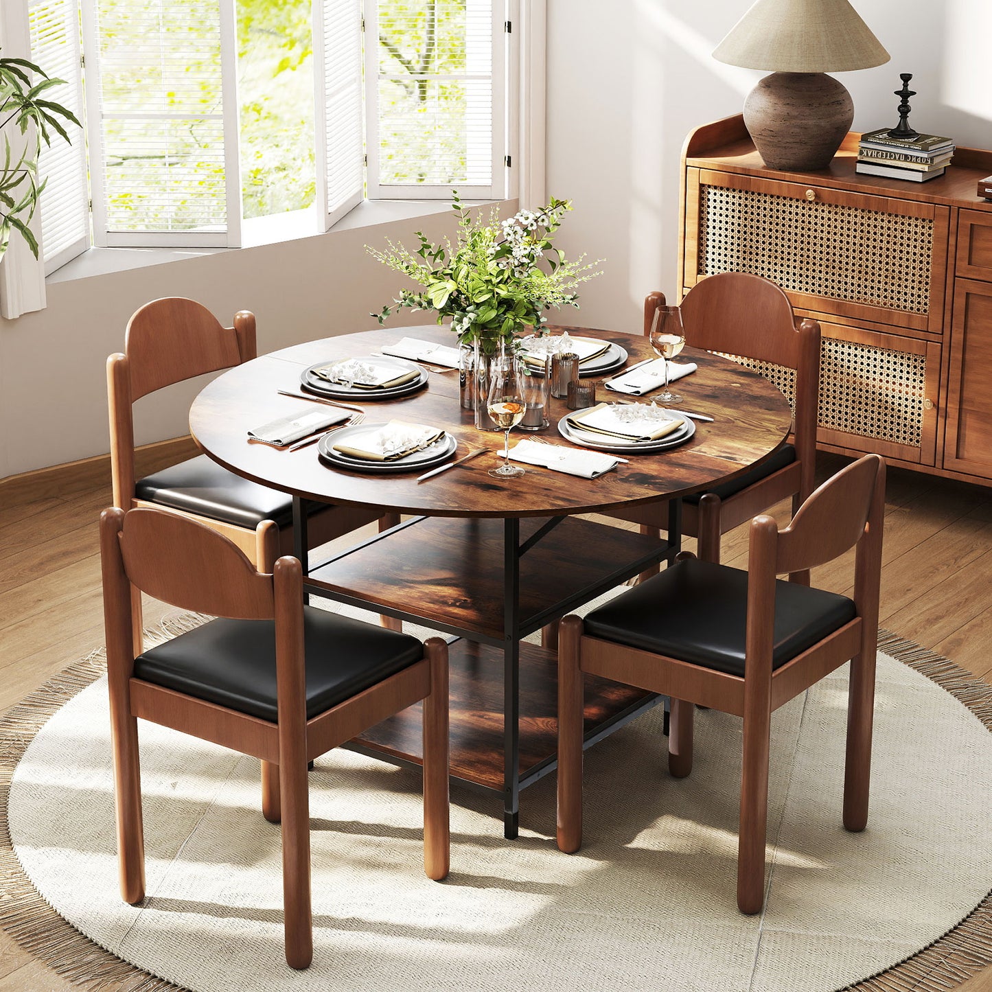 47 Inch Round Dining Table for 4-6 People Large Kitchen Table with 2-Tier Storage Shelves, Rustic Brown Dining Tables at Gallery Canada