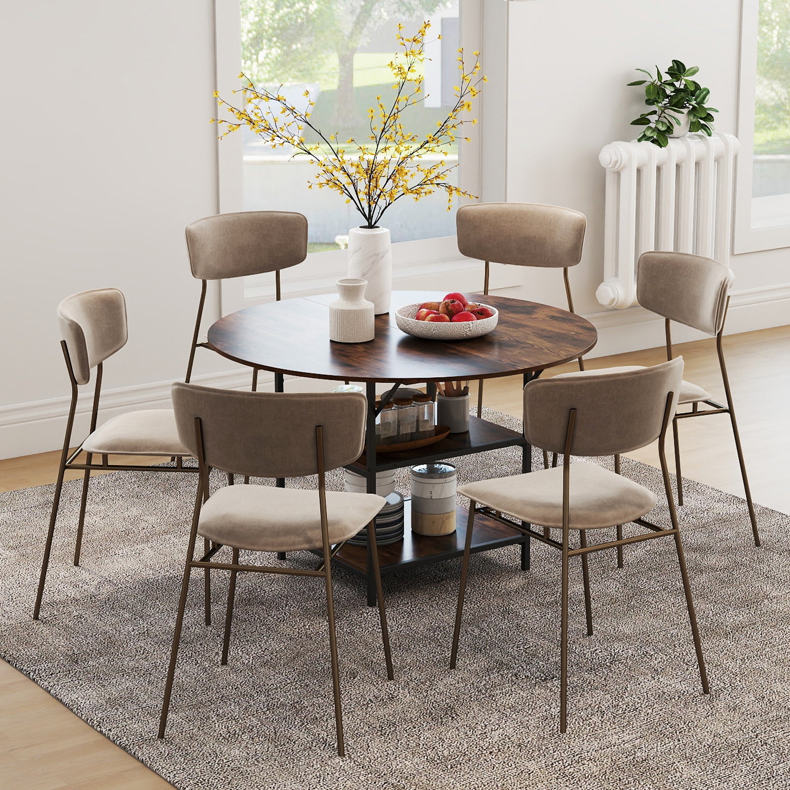 47 Inch Round Dining Table for 4-6 People Large Kitchen Table with 2-Tier Storage Shelves, Rustic Brown Dining Tables at Gallery Canada