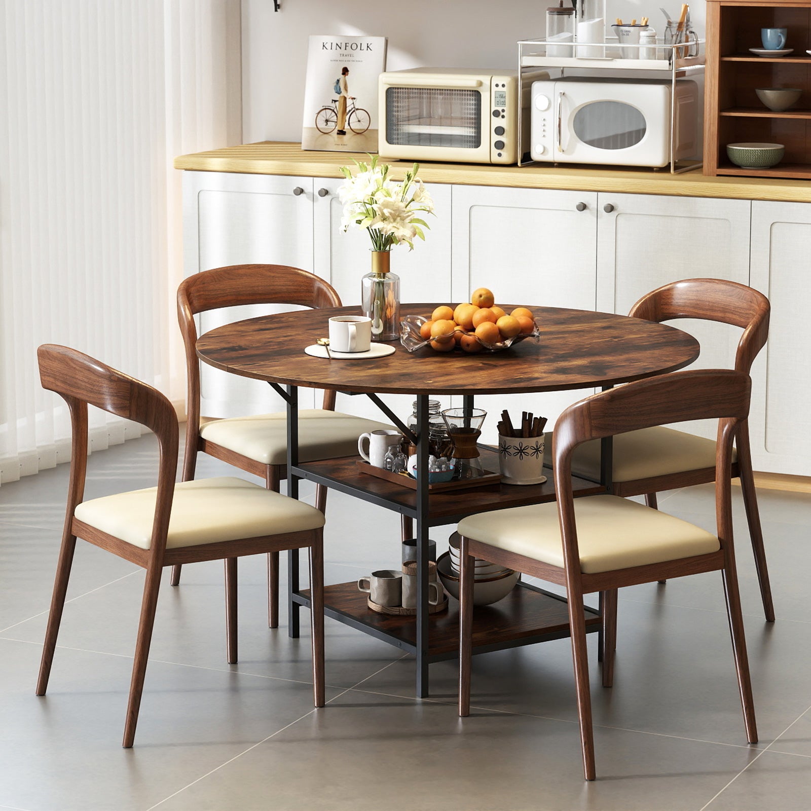 47 Inch Round Dining Table for 4-6 People Large Kitchen Table with 2-Tier Storage Shelves, Rustic Brown Dining Tables at Gallery Canada