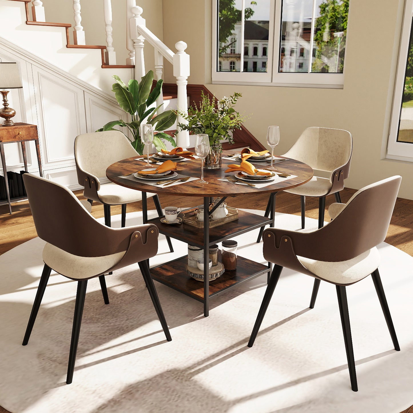 47 Inch Round Dining Table for 4-6 People Large Kitchen Table with 2-Tier Storage Shelves, Rustic Brown Dining Tables at Gallery Canada