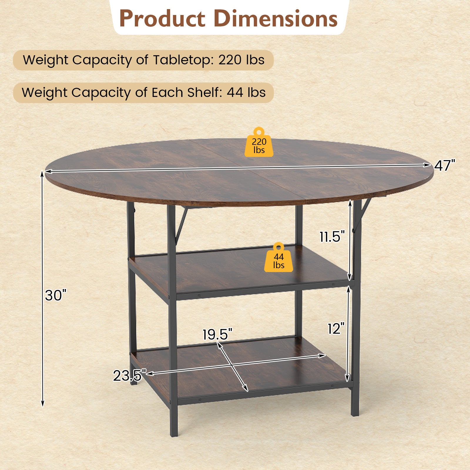 47 Inch Round Dining Table for 4-6 People Large Kitchen Table with 2-Tier Storage Shelves, Rustic Brown Dining Tables at Gallery Canada