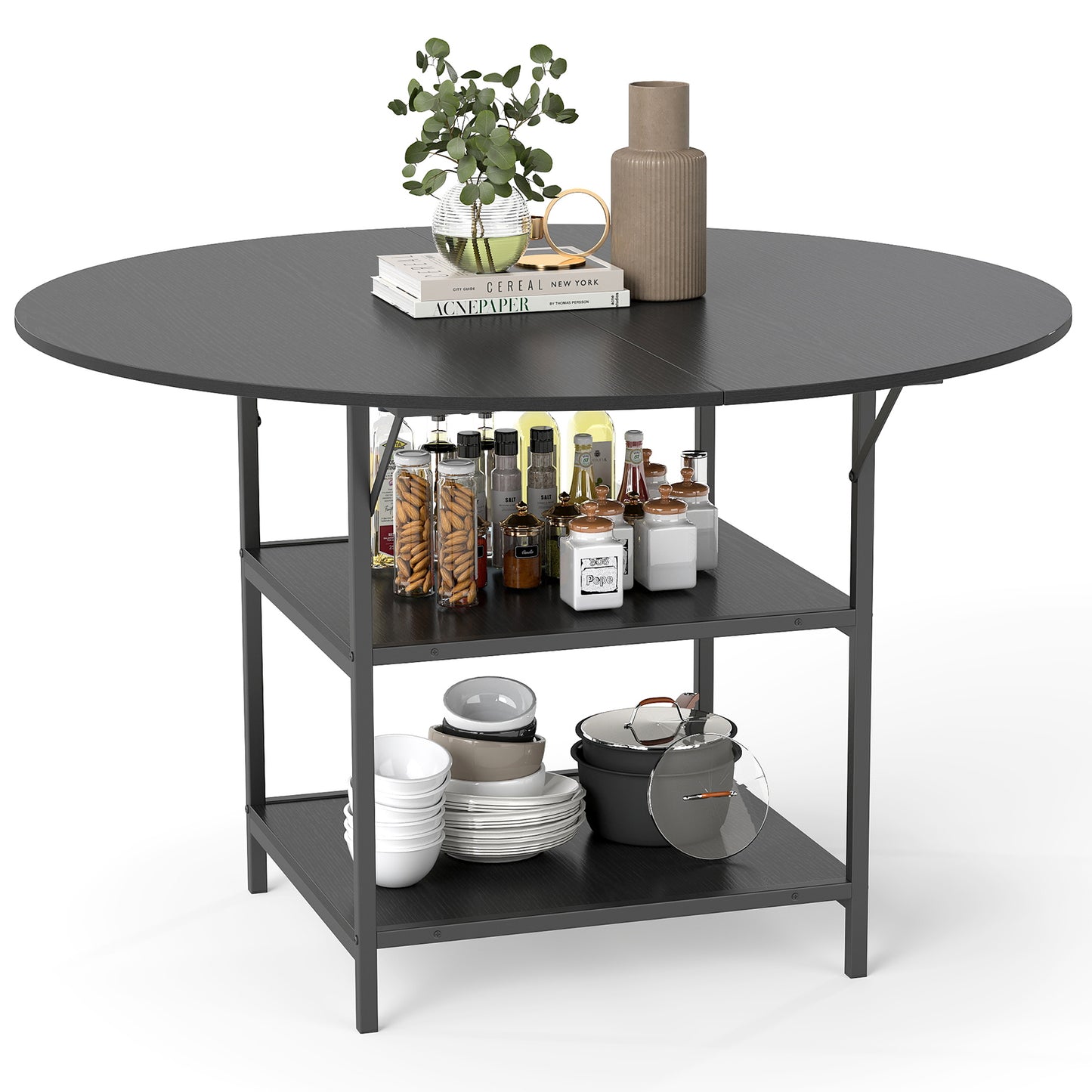 47 Inch Round Dining Table for 4-6 People Large Kitchen Table with 2-Tier Storage Shelves, Black Dining Tables Black at Gallery Canada