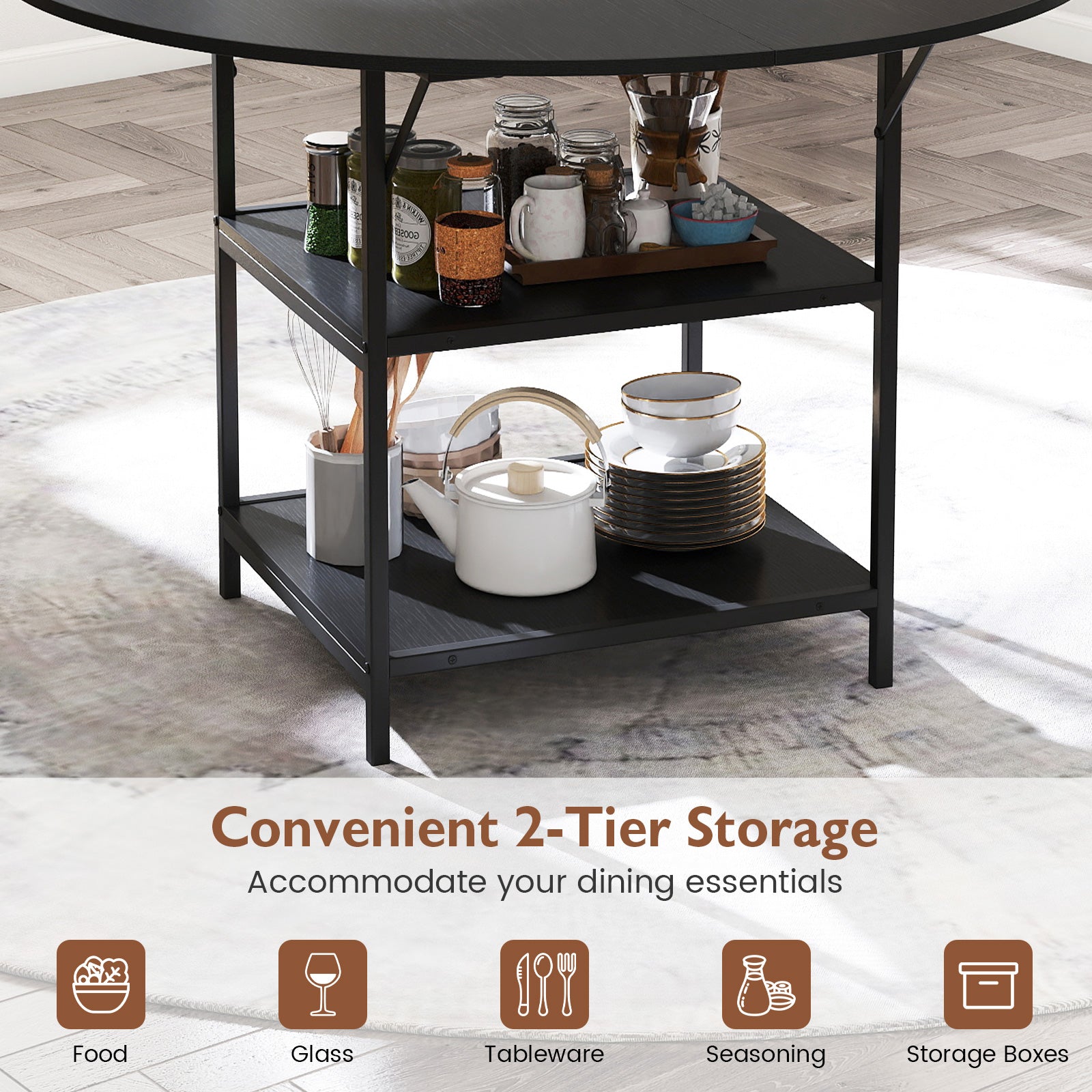 47 Inch Round Dining Table for 4-6 People Large Kitchen Table with 2-Tier Storage Shelves, Black Dining Tables at Gallery Canada
