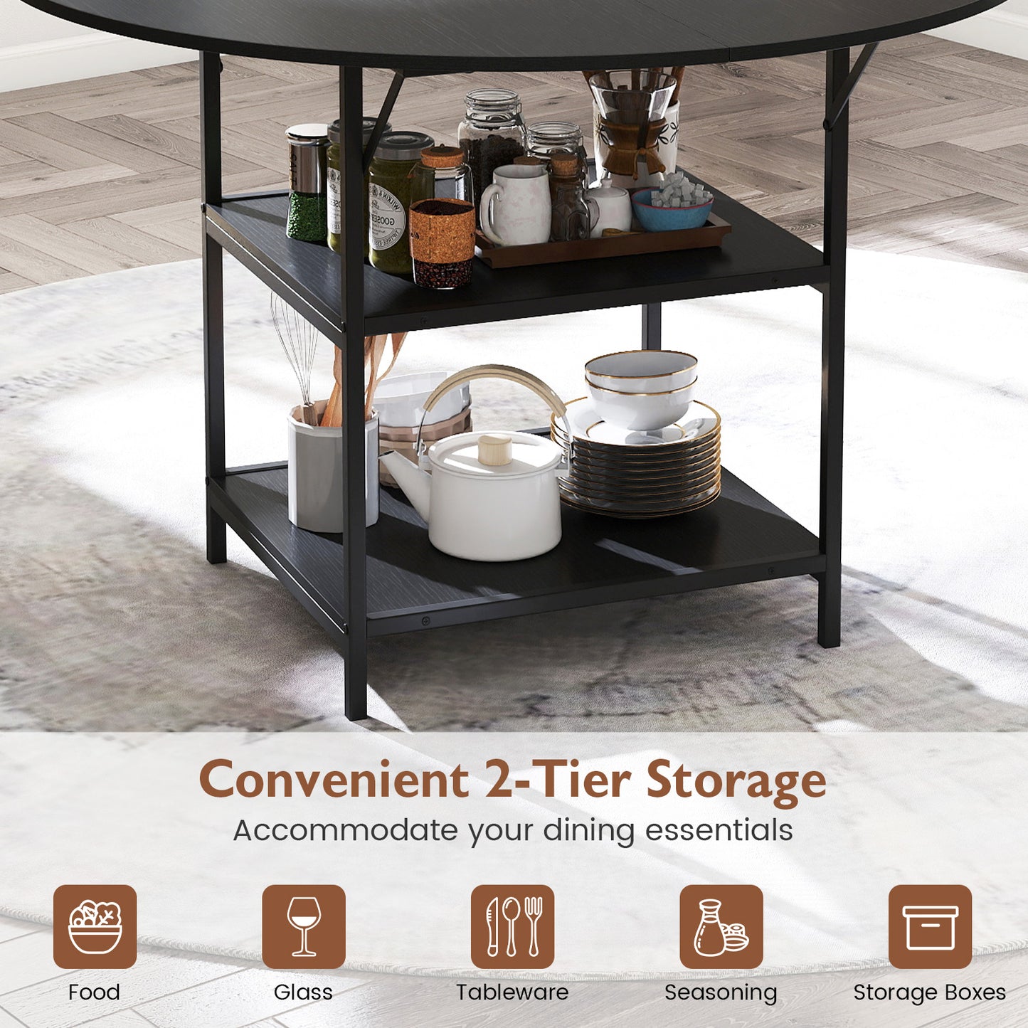 47 Inch Round Dining Table for 4-6 People Large Kitchen Table with 2-Tier Storage Shelves, Black Dining Tables at Gallery Canada