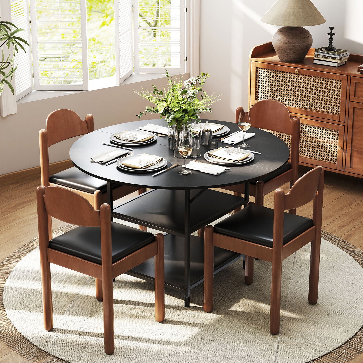 47 Inch Round Dining Table for 4-6 People Large Kitchen Table with 2-Tier Storage Shelves, Black Dining Tables at Gallery Canada