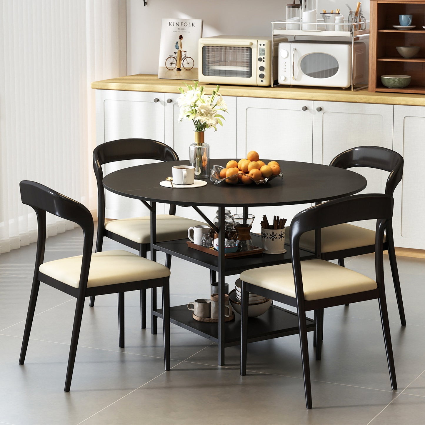 47 Inch Round Dining Table for 4-6 People Large Kitchen Table with 2-Tier Storage Shelves, Black Dining Tables at Gallery Canada