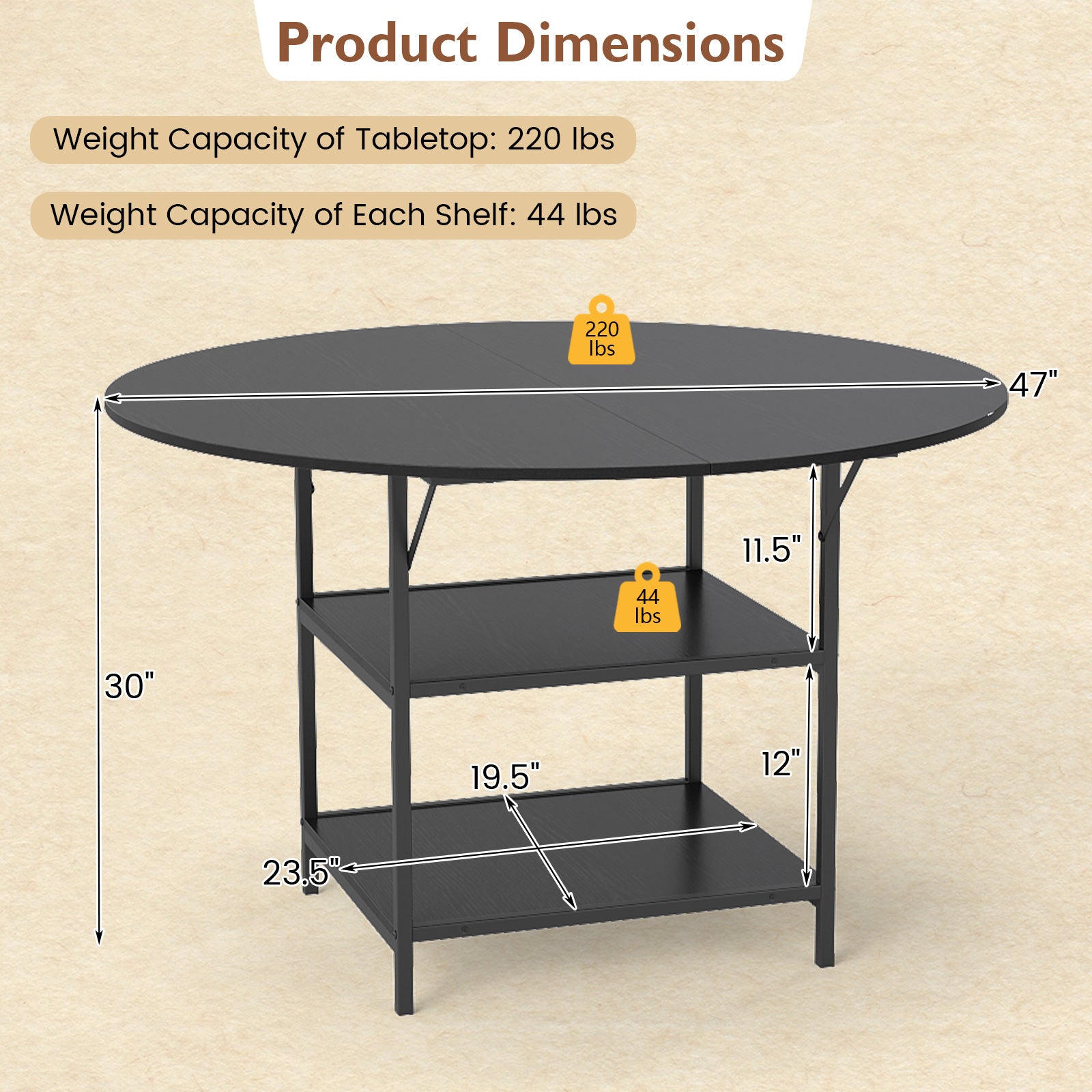 47 Inch Round Dining Table for 4-6 People Large Kitchen Table with 2-Tier Storage Shelves, Black Dining Tables at Gallery Canada
