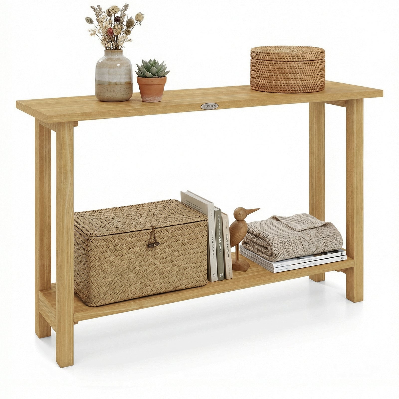 47 Inch Solid Wood Console Table, Storage Shelf, Natural, Teak Console Tables at Gallery Canada