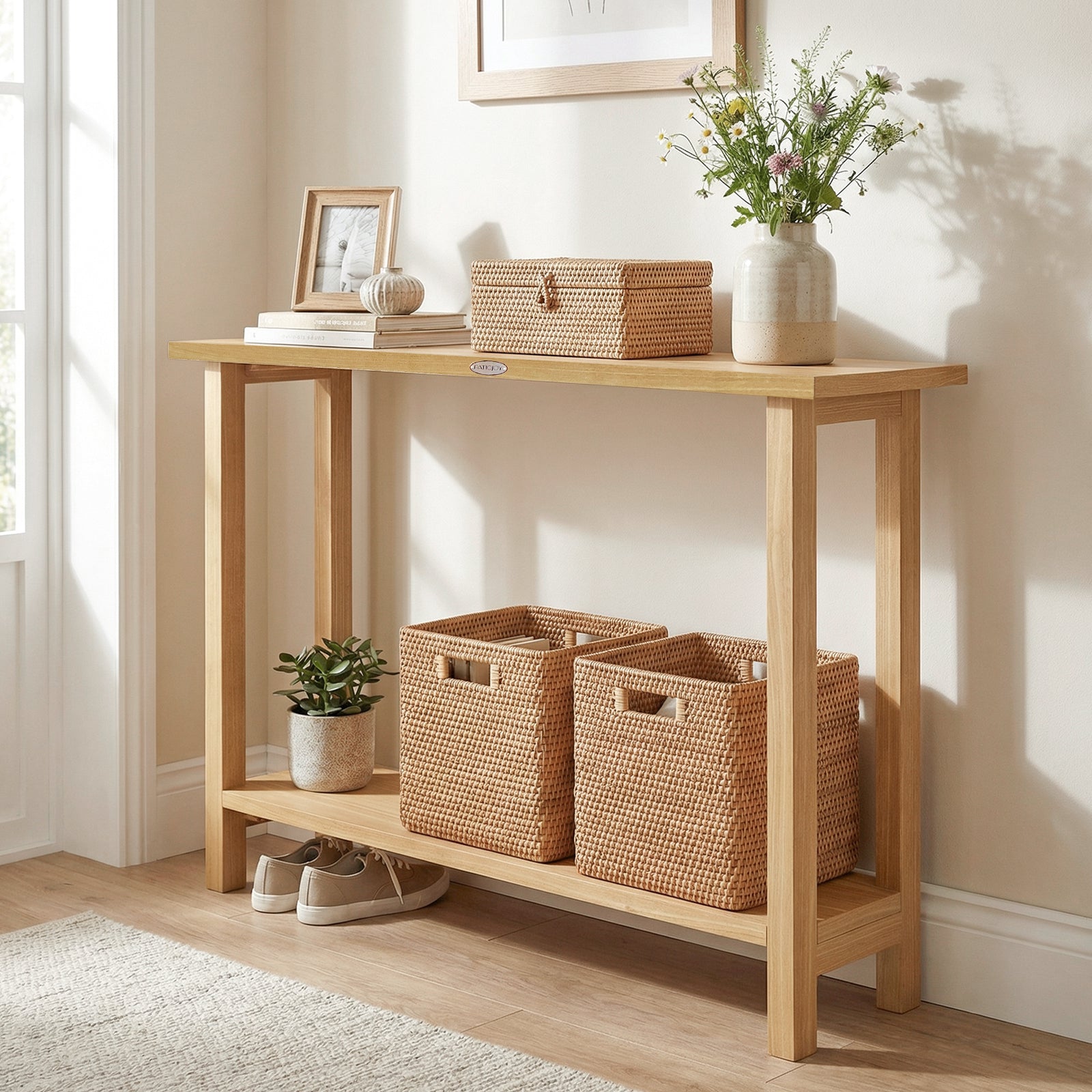 47 Inch Solid Wood Console Table, Storage Shelf, Natural, Teak Console Tables at Gallery Canada