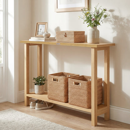 47 Inch Solid Wood Console Table, Storage Shelf, Natural, Teak Console Tables at Gallery Canada
