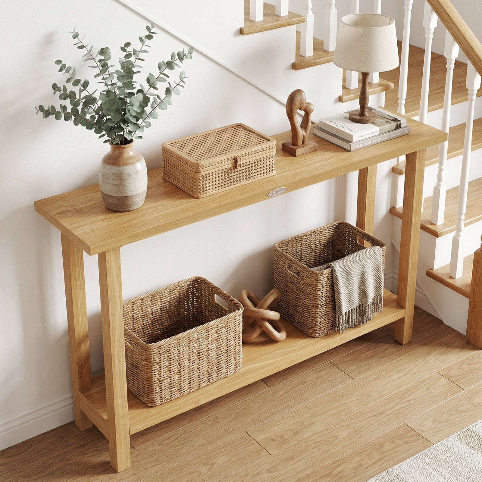 47 Inch Solid Wood Console Table, Storage Shelf, Natural, Teak Console Tables at Gallery Canada
