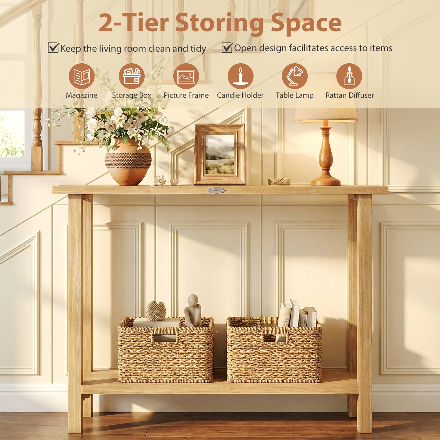 47 Inch Solid Wood Console Table, Storage Shelf, Natural, Teak Console Tables at Gallery Canada