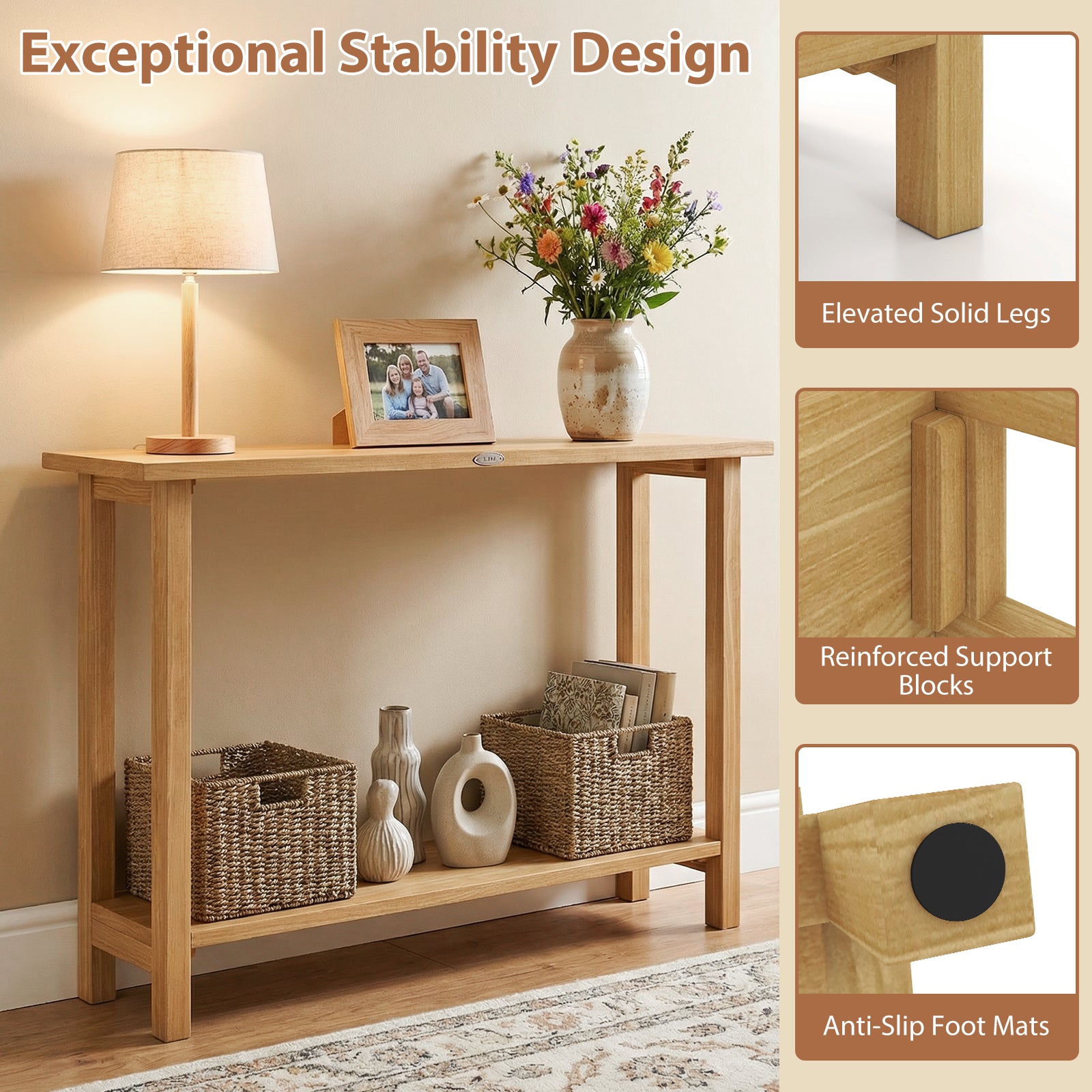 47 Inch Solid Wood Console Table, Storage Shelf, Natural, Teak Console Tables at Gallery Canada