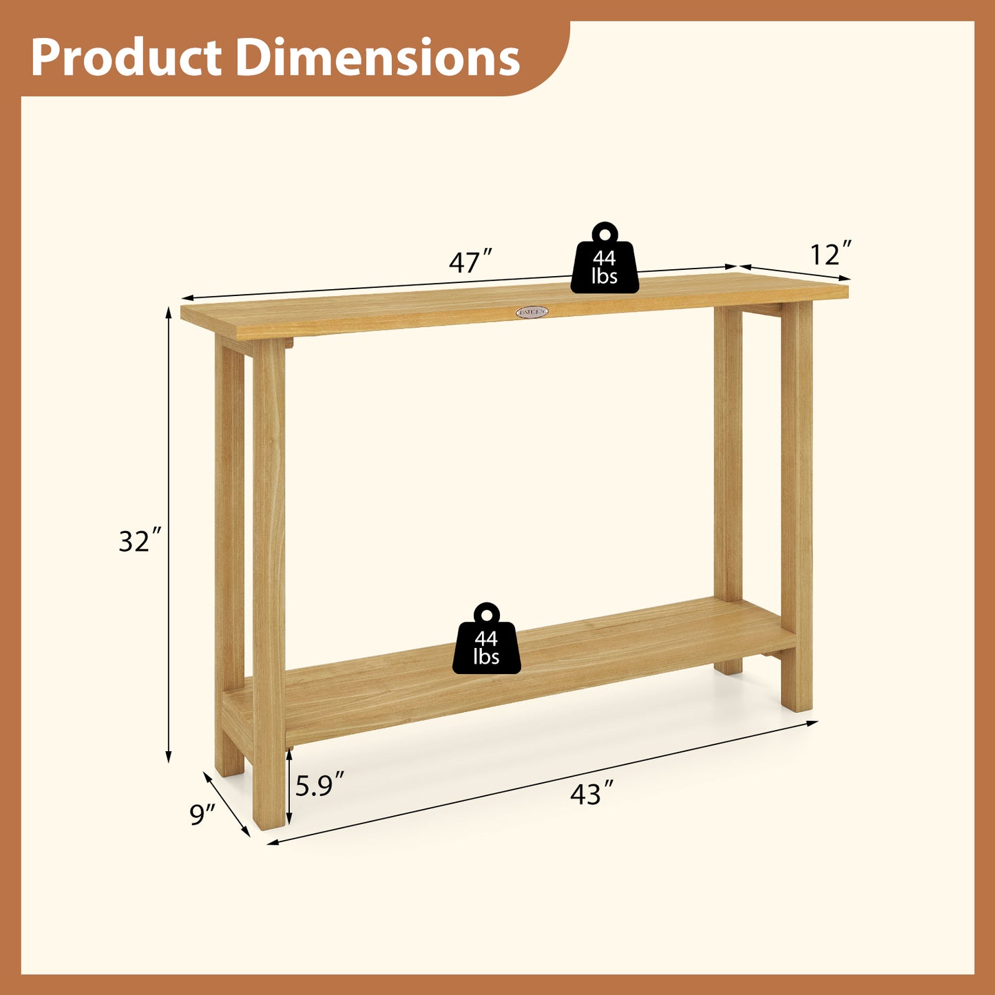 47 Inch Solid Wood Console Table, Storage Shelf, Natural, Teak Console Tables at Gallery Canada