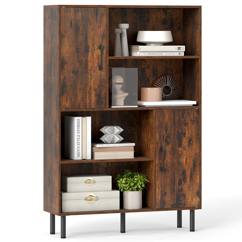 47 Inch Storage Cabinet Freestanding Bookcase with 2 Doors and 4 Open Shelves, Rustic Brown