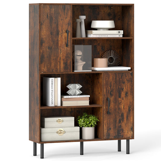 47 Inch Storage Cabinet Freestanding Bookcase with 2 Doors and 4 Open Shelves, Rustic Brown Bookcases Rustic Brown at Gallery Canada