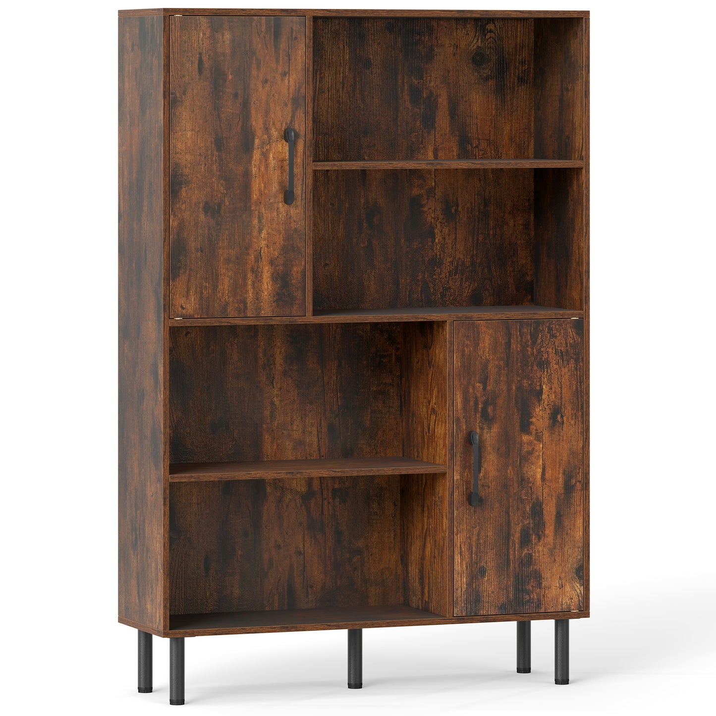 47 Inch Storage Cabinet Freestanding Bookcase with 2 Doors and 4 Open Shelves, Rustic Brown Bookcases at Gallery Canada