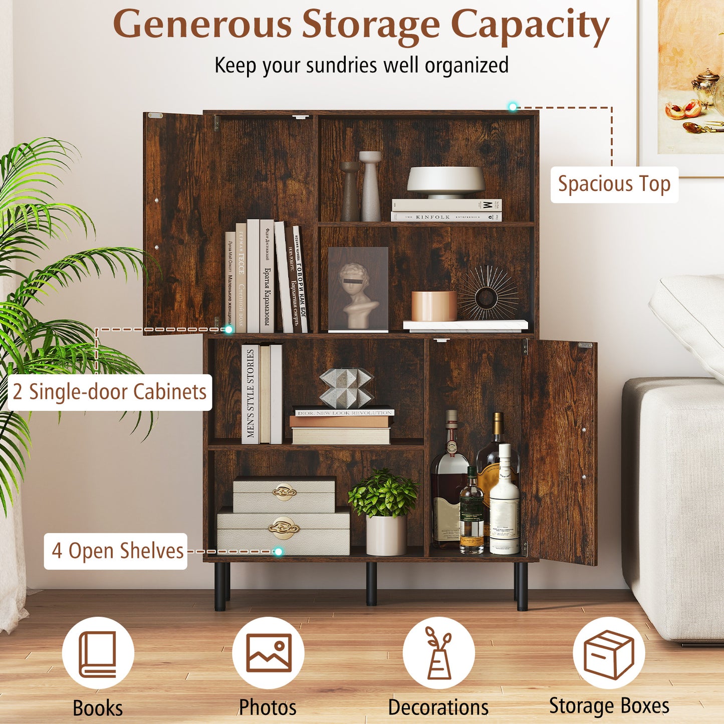 47 Inch Storage Cabinet Freestanding Bookcase with 2 Doors and 4 Open Shelves, Rustic Brown Bookcases at Gallery Canada