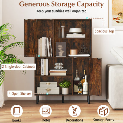47 Inch Storage Cabinet Freestanding Bookcase with 2 Doors and 4 Open Shelves, Rustic Brown Bookcases at Gallery Canada