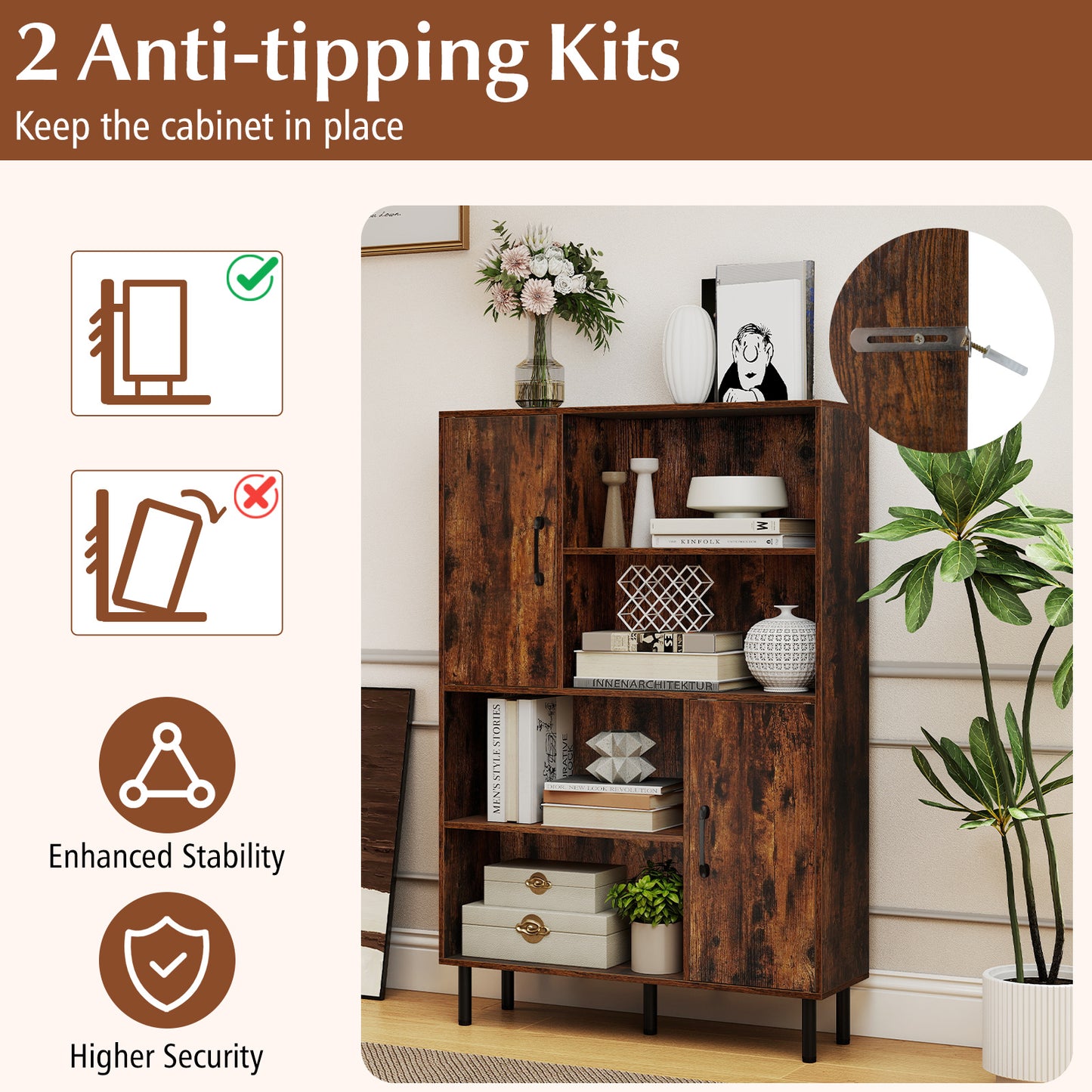 47 Inch Storage Cabinet Freestanding Bookcase with 2 Doors and 4 Open Shelves, Rustic Brown Bookcases at Gallery Canada