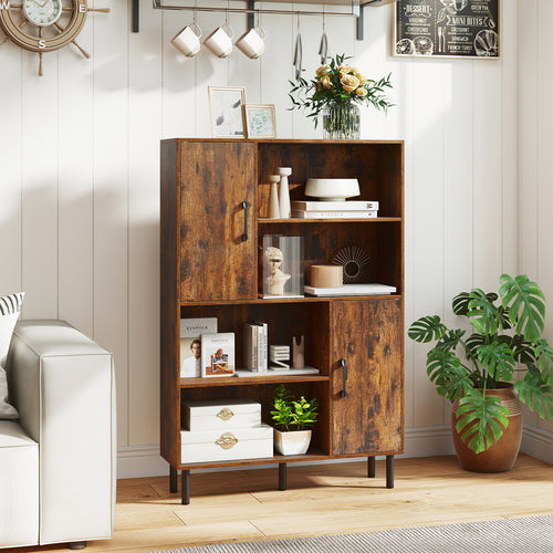 47 Inch Storage Cabinet Freestanding Bookcase with 2 Doors and 4 Open Shelves, Rustic Brown