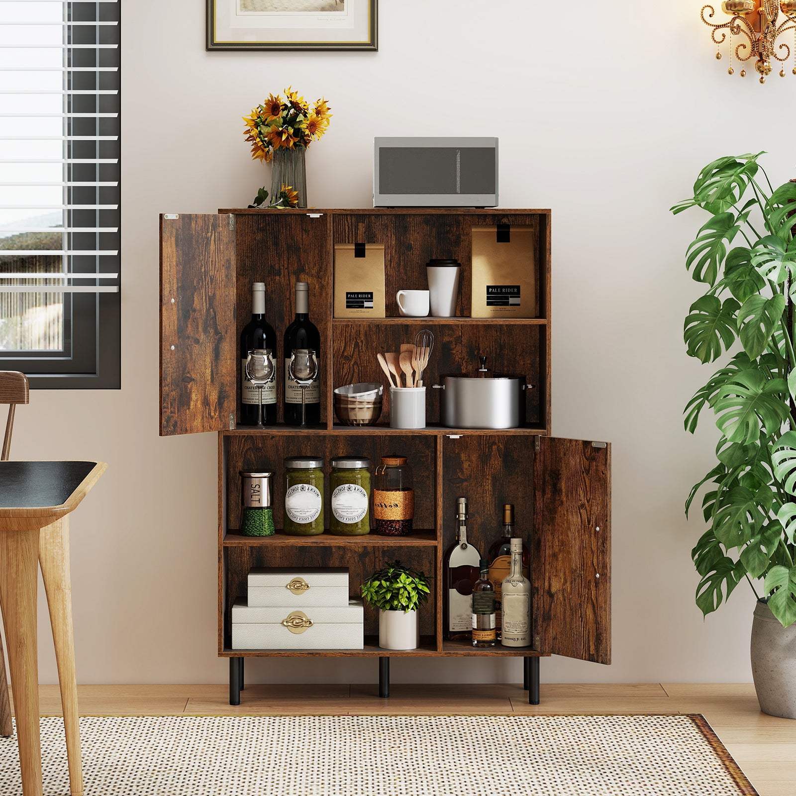 47 Inch Storage Cabinet Freestanding Bookcase with 2 Doors and 4 Open Shelves, Rustic Brown Bookcases at Gallery Canada
