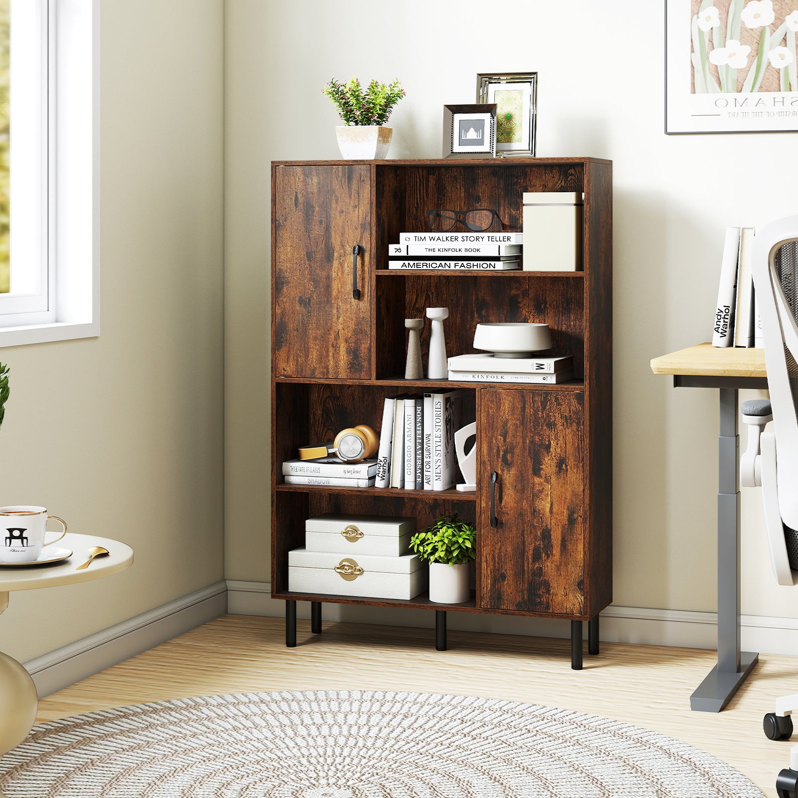 47 Inch Storage Cabinet Freestanding Bookcase with 2 Doors and 4 Open Shelves, Rustic Brown Bookcases at Gallery Canada