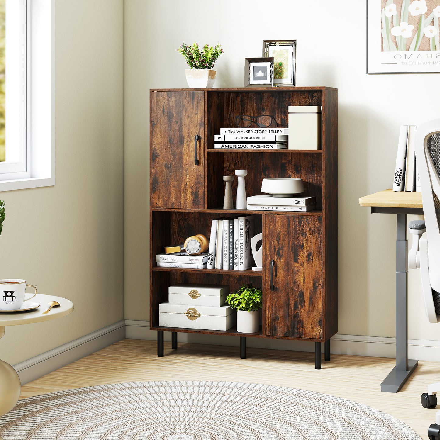 47 Inch Storage Cabinet Freestanding Bookcase with 2 Doors and 4 Open Shelves, Rustic Brown Bookcases at Gallery Canada
